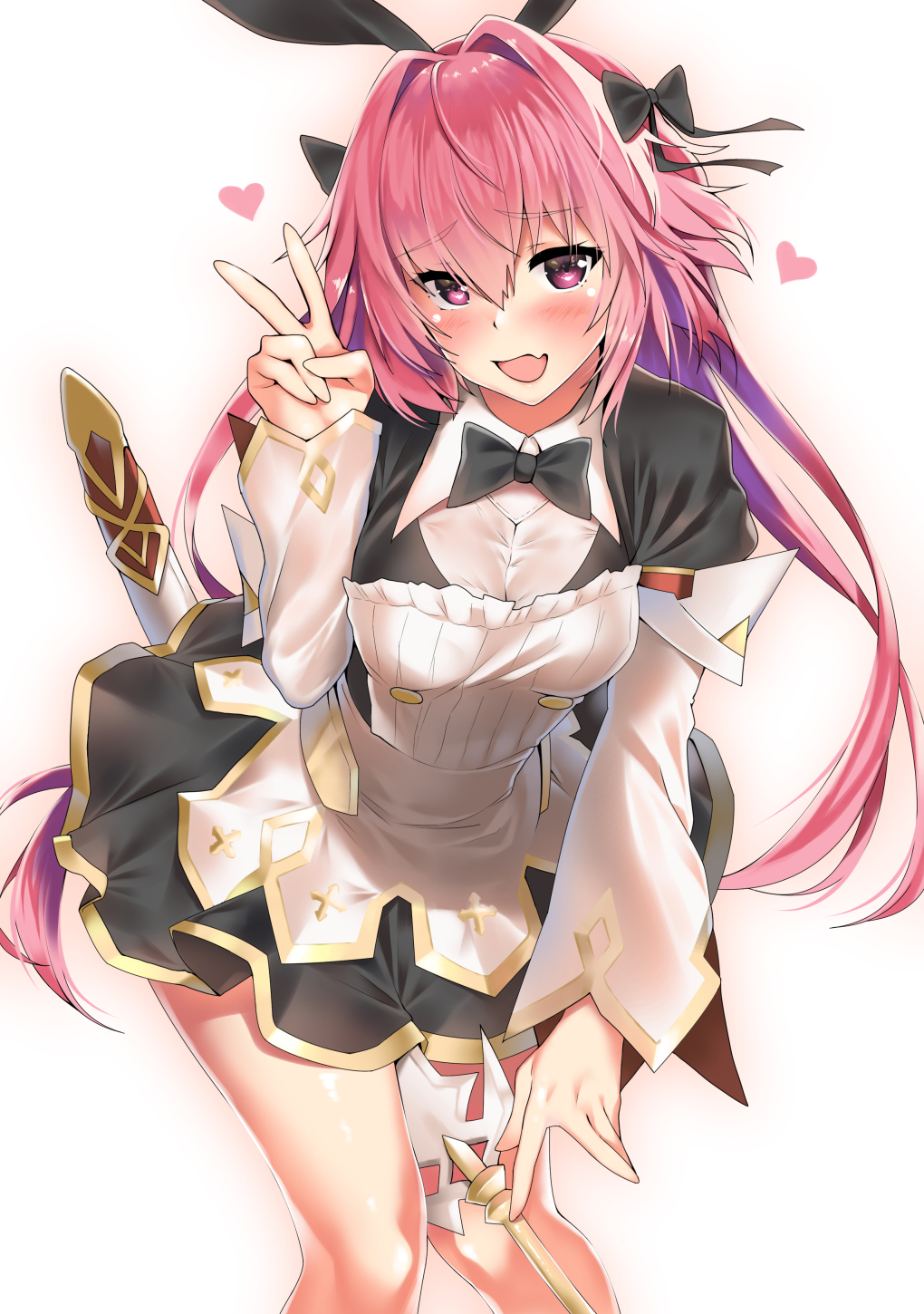 1girls astolfo_(fate) astolfo_(saber)_(fate) bangs between_legs black_bow black_bowtie black_dress black_neckwear black_ribbon blush bow bowtie breasts buttons dress fate/grand_order fate_(series) female female_only genderswap_(mtf) hair_between_eyes hair_intakes hair_ribbon hairbow heart highres juliet_sleeves kawai_(purplrpouni) layered_skirt leaning_forward long_hair long_sleeves looking_at_viewer low_twintails medium_breasts multicolored_hair oerba_yun_fang open_mouth pink_hair puffy_sleeves purple_eyes ribbon rule_63 scabbard simple_background skirt smile solo streaked_hair sword thighs twintails v weapon white_background white_skirt wide_sleeves wing_collar