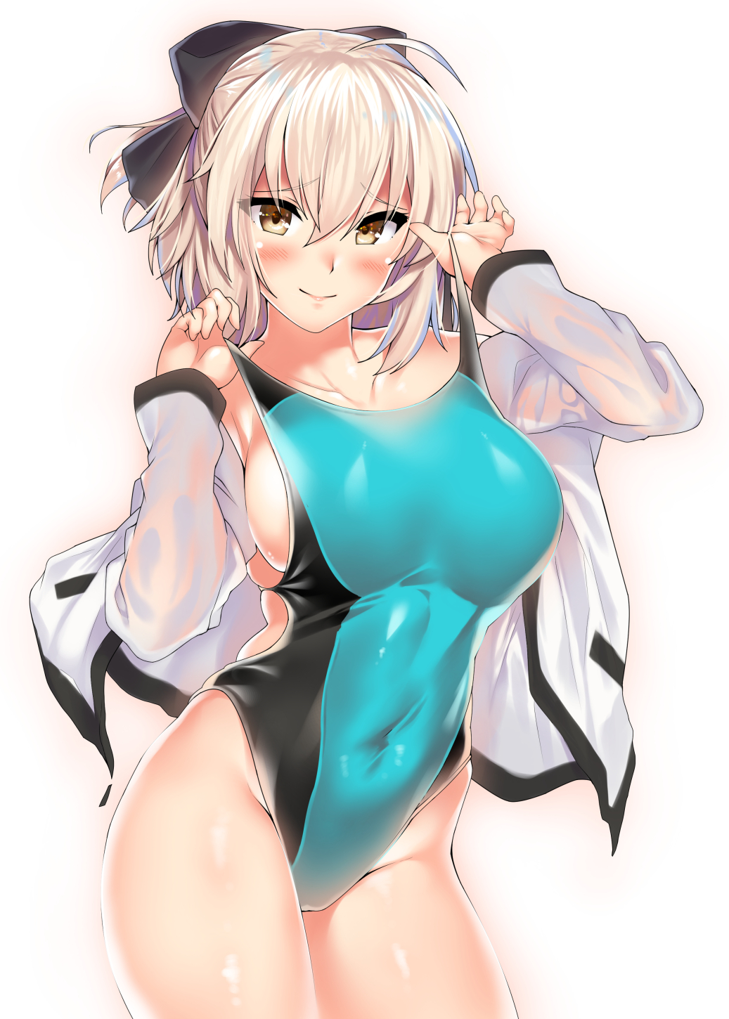 aqua_one-piece_swimsuit beach black_bow bow breasts collarbone competition_swimsuit covered_navel cowboy_shot fate/grand_order fate_(series) female hairbow half_updo highleg highleg_swimsuit highres jacket kawai_(purplrpouni) light_brown_hair looking_at_viewer medium_breasts okita_j._souji_(fate) okita_souji_(fate) okita_souji_(koha-ace) one-piece_swimsuit shinsengumi short_hair smile solo swimsuit white_background