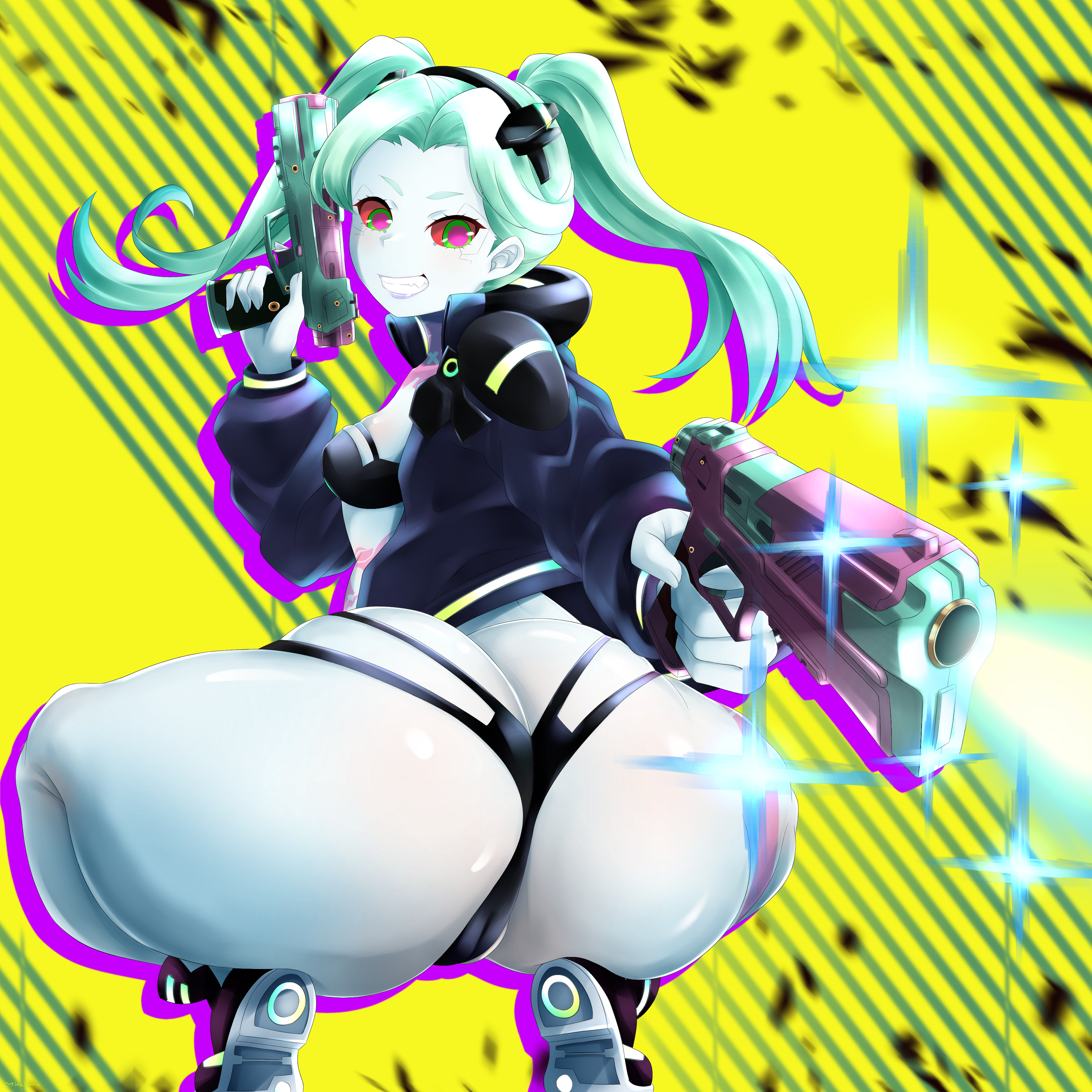 1girls, ass, ass cleavage, ass crack, back view, big ass, breasts, butt crack, clothing, cybernetics, cyberpunk 2077, cyberpunk: edgerunners, cyborg, female, female only, firearm, footwear, green eyes, gun, handgun, human, mhaknow, outerwear, pale skin, rebecca (edgerunners), red sclera, shiny hair, shiny skin, small breasts, smile, solo, solo female, squatting, twintails, weapon