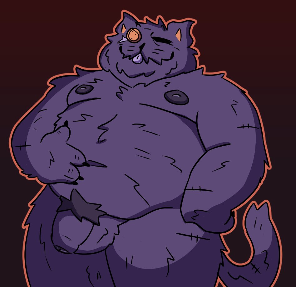 2022 anthro balls belly big_belly deltarune felid flaccid fur genitals male male_only mammal moobs navel nipples overweight overweight_male penis purple_body seam_(deltarune) smut_leo solo tongue tongue_out undertale_(series) video_games