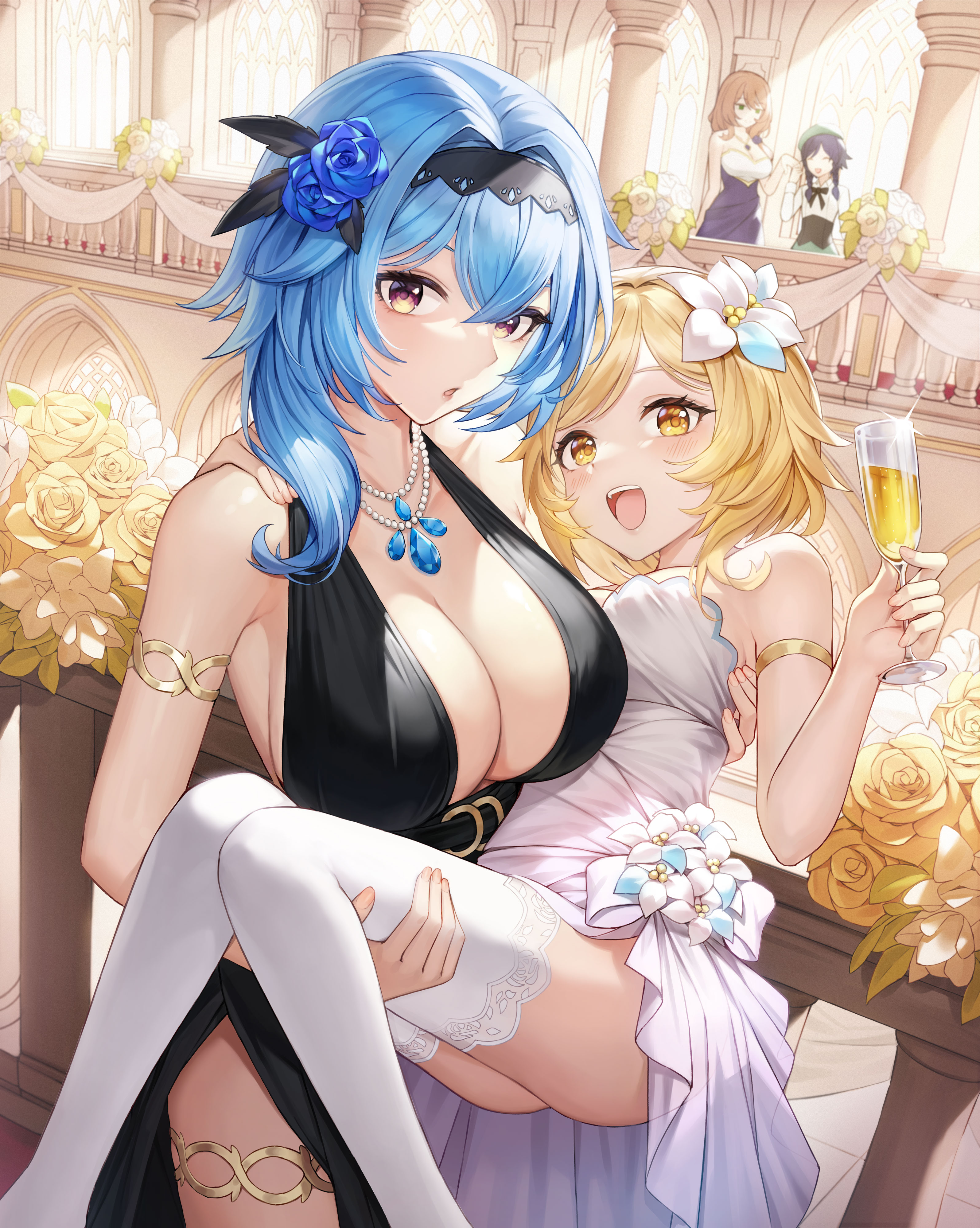 artist request, black dress, blonde hair, blue eyes, blush, breasts, busty, carrying, carrying partner, cleavage, clothing, dress, drink, eula (genshin impact), female, genshin impact, jewelry, large breasts, looking at viewer, lumine (genshin impact), necklace, party, princess carry, purple eyes, revealing clothes, smile, taller female, thighhighs, voluptuous, white dress, white legwear, yellow eyes, yuri