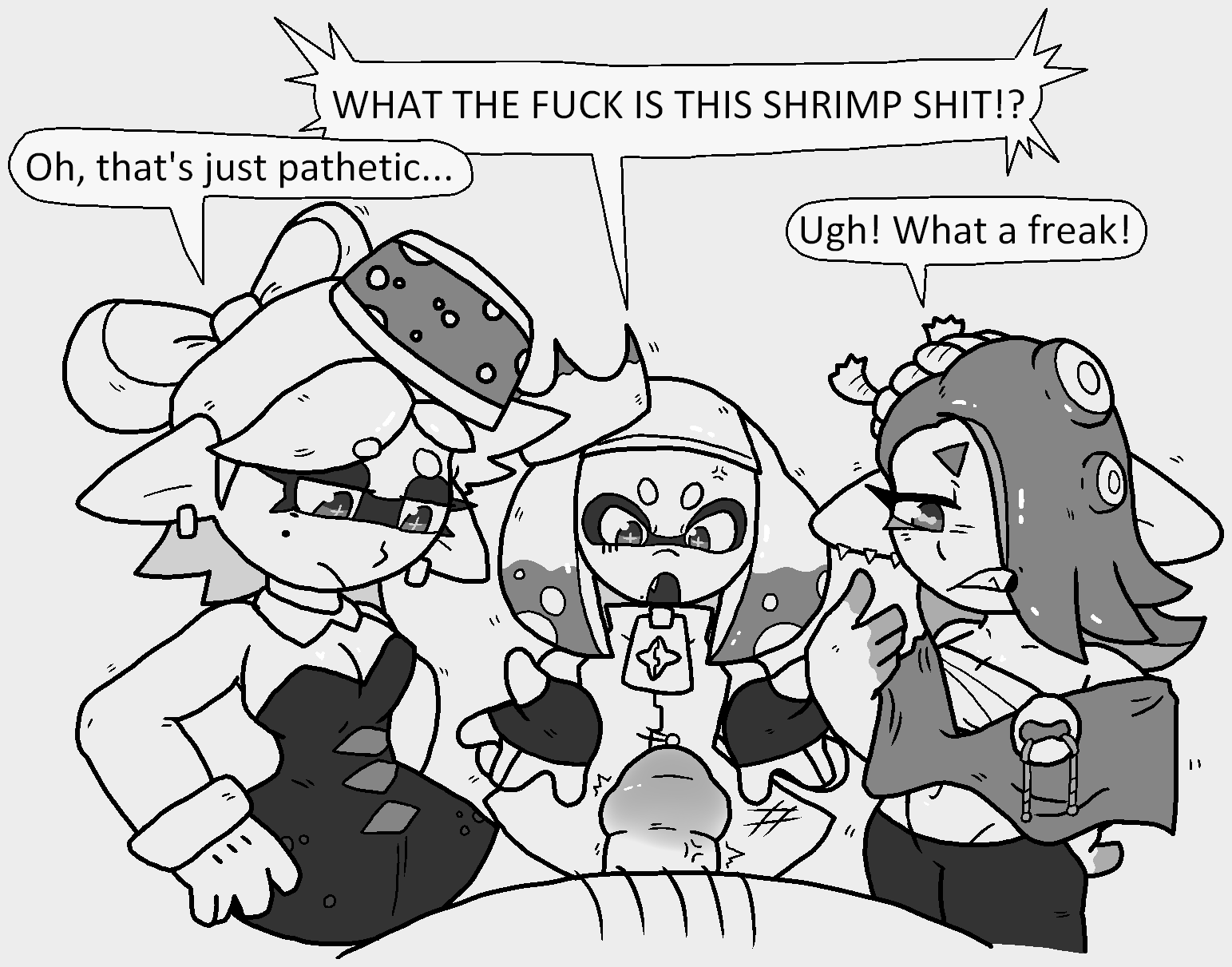 angry_face bahamutgreen black_and_white bullying disappointed female female_focus femdom insulting_viewer marie_(splatoon) micropenis pearl_(splatoon) pov precum shiver_(splatoon) small_penis small_penis_humiliation sph splatoon splatoon_(series) splatoon_2 splatoon_3 text text_bubble