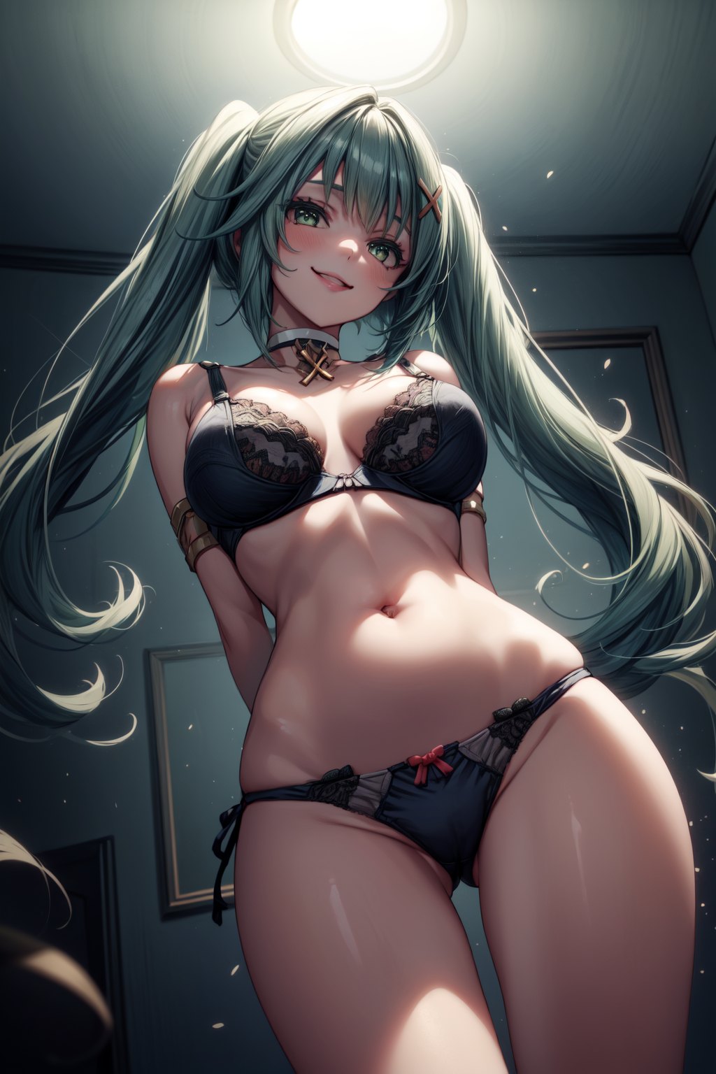 ai_generated blue_hair blush bra faruzan_(genshin_impact) genshin_impact green_eyes hairpin looking_down medium_breasts panties smile twintails underwear