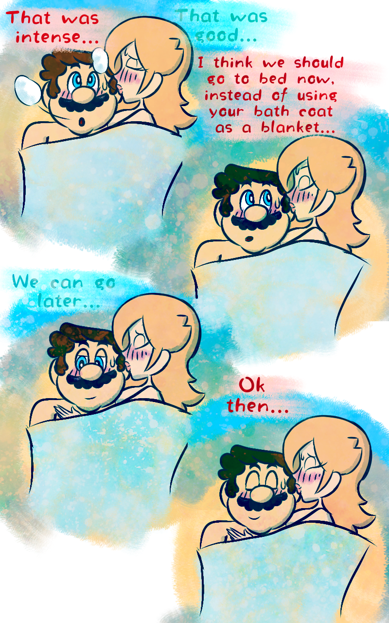 1boy 1boy1girl 1girls after_sex blanket blonde_hair blue_eyes blush blushing comic comic_page couple cuddling dialogue english_text eyes_closed female hand_on_chest laying_down laying_on_back laying_on_floor long_hair male male/female mario mario_(series) moustache pleasured princess_rosalina romantic romantic_couple smiling smirk snuggle snuggling steamy_breath straight super_mario_galaxy sweat sweatdrop text wholesome