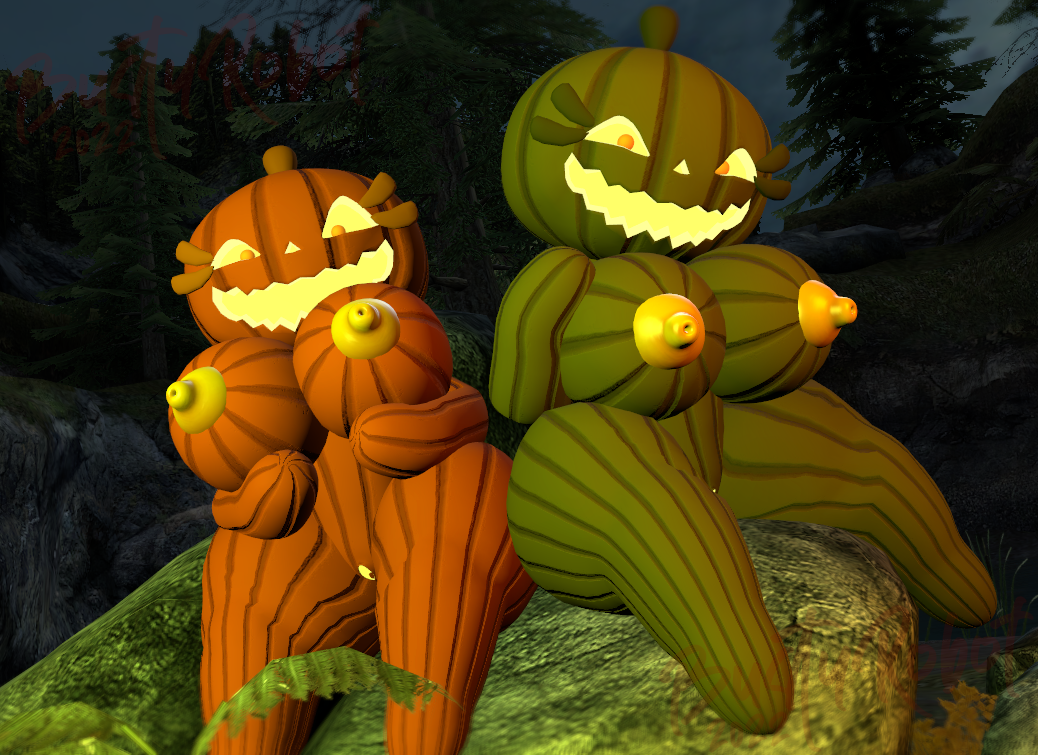 2girls 3d duo eyelashes female female_only five_nights_at_freddy's five_nights_at_freddy's_4 glowing_eyes glowing_mouth glowing_pussy green_skin hands_on_breasts holding_breasts huge_ass huge_breasts huge_nipples jack_o_pumpkin_(fnaf) looking_at_viewer nature nude orange_pupils orange_skin posing pumpkin pumpkin_girl pumpkin_head pumpkins pussy scottgames sitting sitting_on_rock smiling smiling_at_viewer spread_legs thick_thighs thighs triangular_eyes triangular_nose vegetation video_games water_in_background yellow_nipples