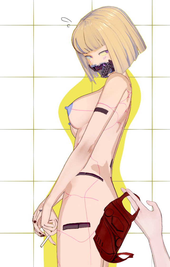 3d blonde_hair blue_nipples breasts cd_projekt_red cigarette cybernetics cyberpunk:_edgerunners cyberpunk_2077 cyborg embarrassed embarrassed_nude_female kiwi_(edgerunners) mechabare mouth_mask netflix nipples nude peier pink_eyes yellow_sclera