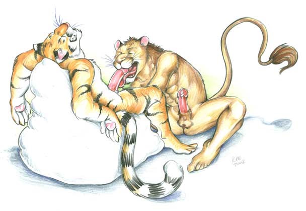 2002 anthro balls bean_bag bodily_fluids closed_eyes cum cum_drip dripping duo felid fur genital_fluids genitals kee lion male male/male mammal nude oral pantherine penis tiger