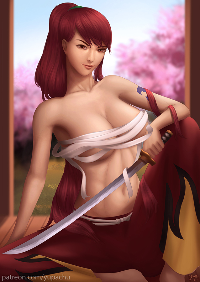 1girls big_breasts breasts chest_wraps erza_scarlet fairy_tail female nipples nude solo yupachu