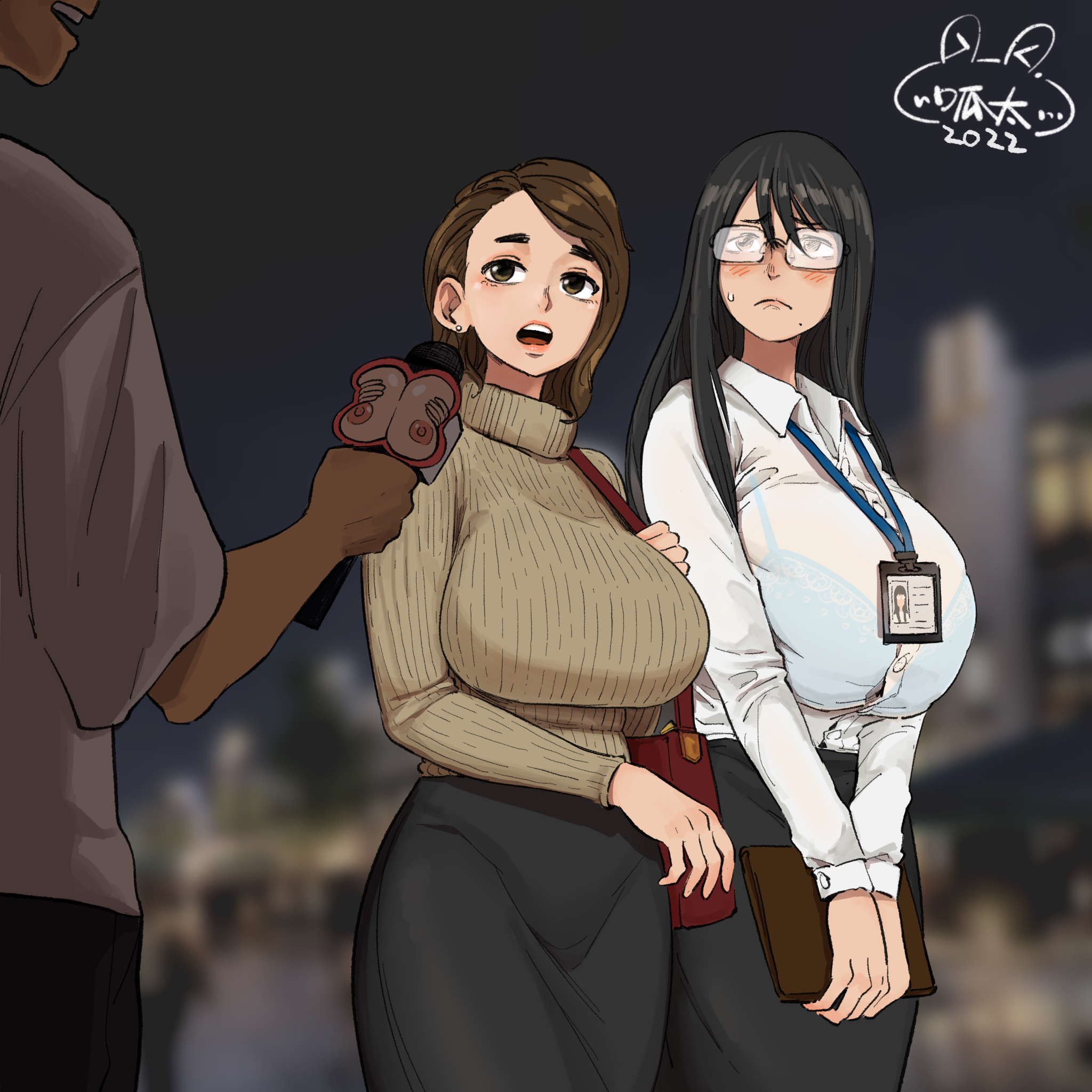 1boy, 2girls, bag, big breasts, black hair, blue bra, blush, bra visible through clothes, breasts, busty, curvaceous, curvy, curvy body, curvy female, female, female focus, fogged glasses, glasses, huge breasts, human, id card, lanyard, large breasts, long hair, male, neckwear, office lady, original, original characters, pale skin, voluptuous, xshuai