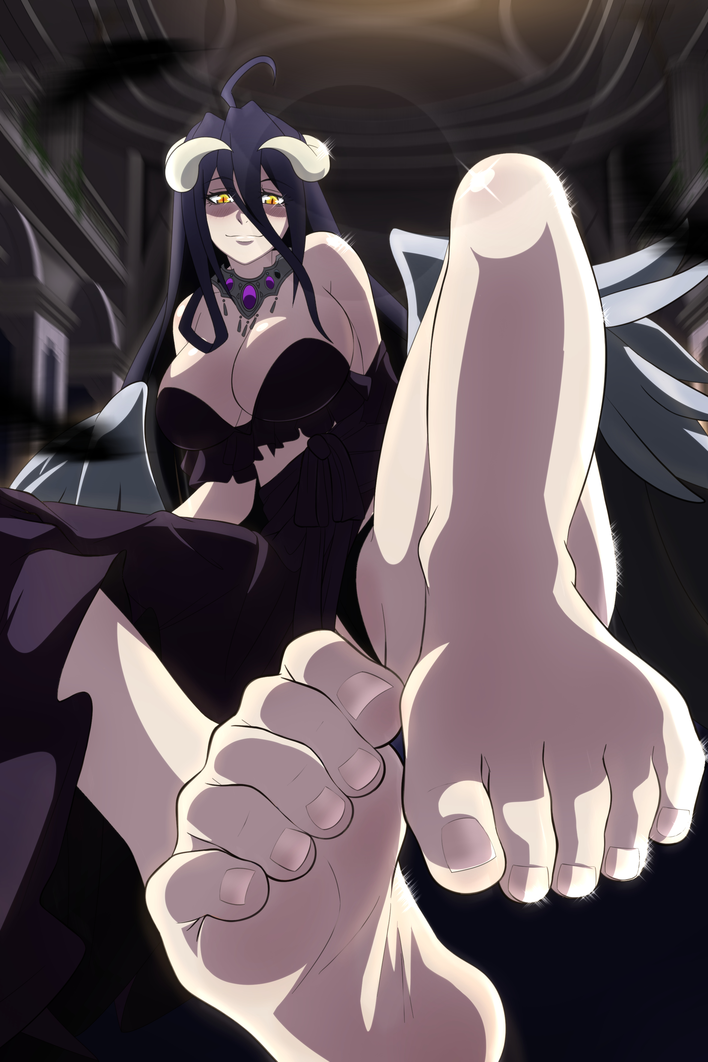 1girls, albedo (overlord), big breasts, breasts, female, foot fetish, foot focus, overlord (maruyama), solo, zorzero