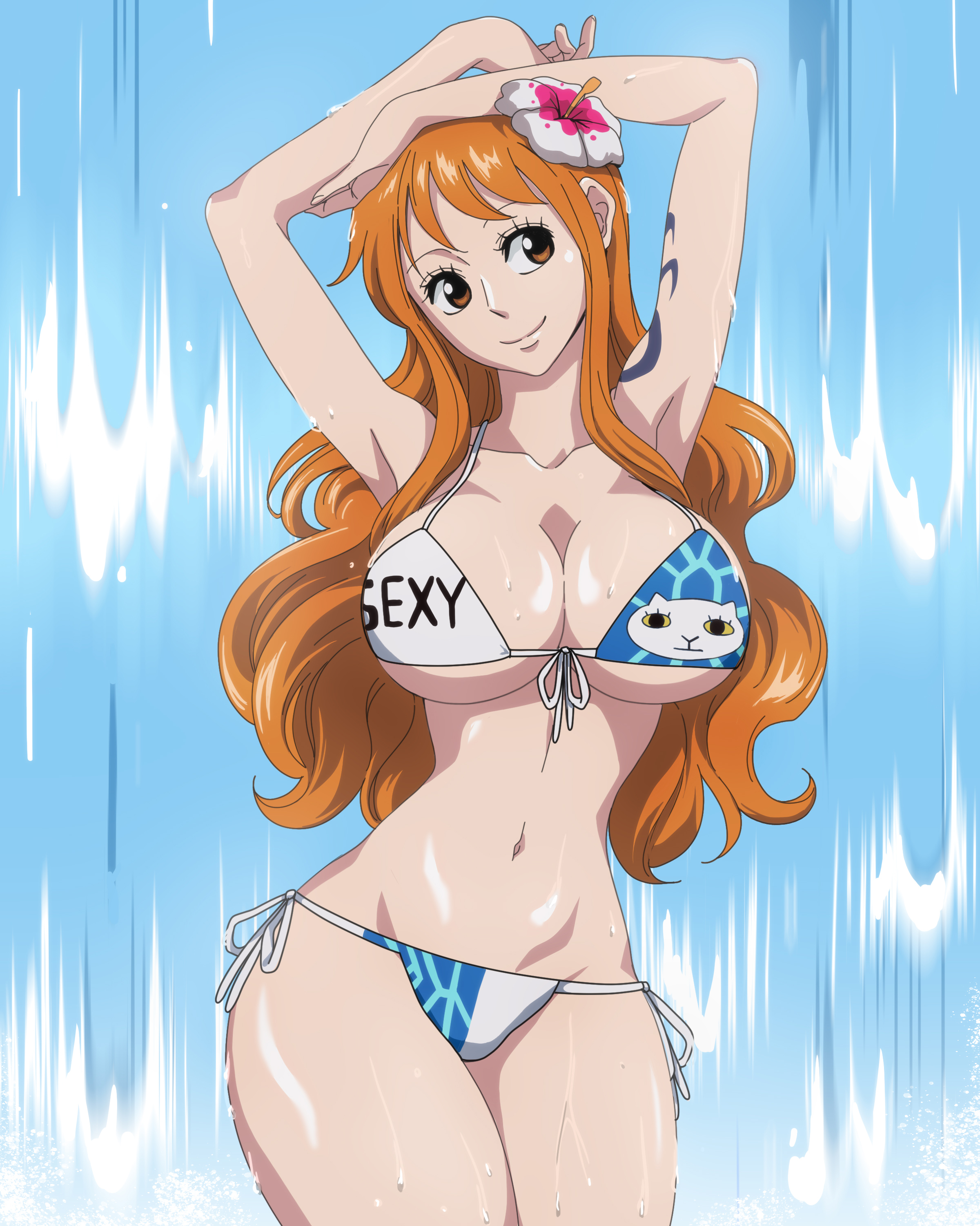 1girls, arm tattoo, big breasts, bikini, bikini bottom, blue tattoo, breasts, busty, cleavage, curvy, female, female only, flower, flower in hair, long hair, nami (one piece), one piece, one piece film gold, orange hair, orange-haired female, post-timeskip, rozuberry, shoulder tattoo, smile, solo, tattoo, waterfall, wide hips
