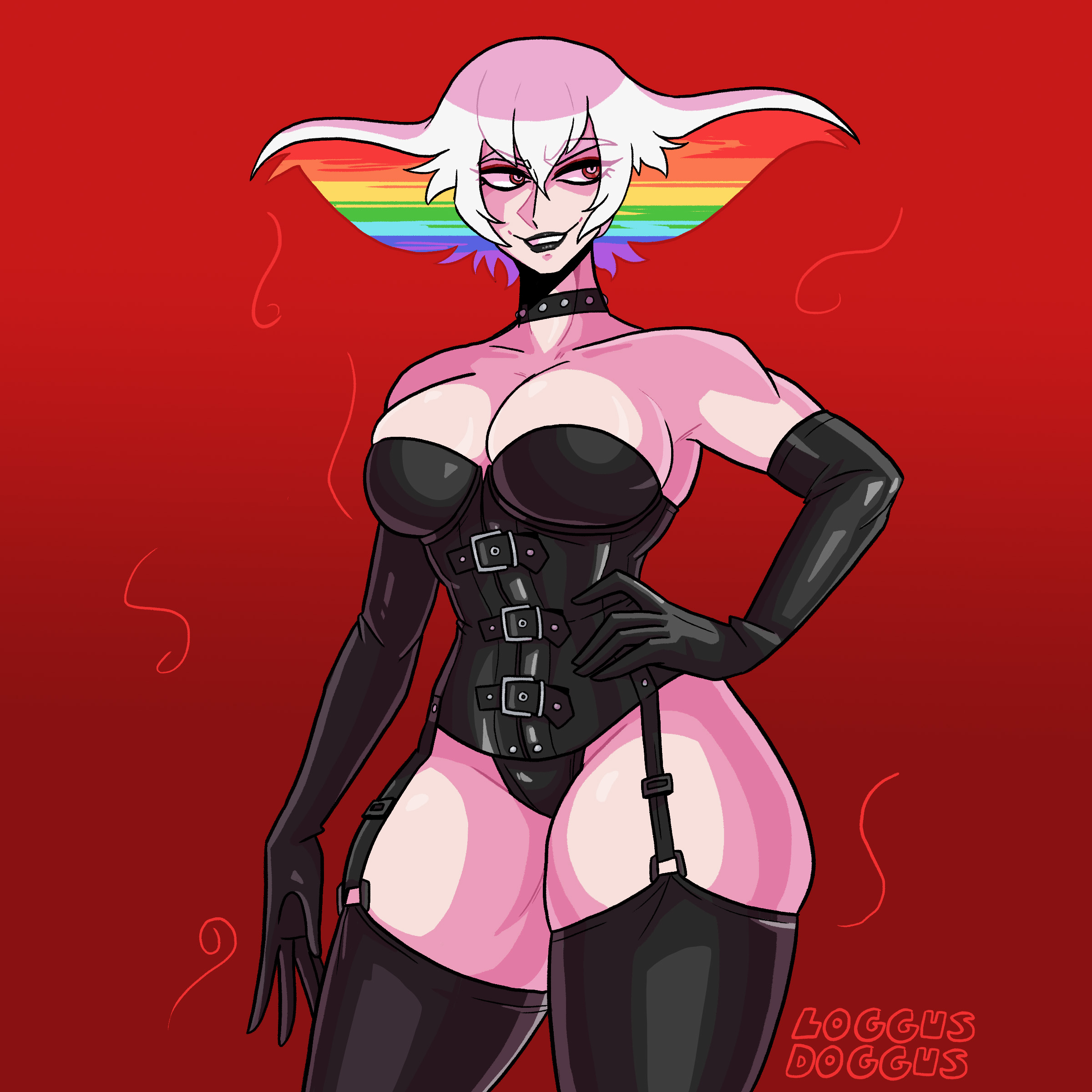 black lipstick, bodysuit, corset, female, kill la kill, kiryuuin ragyou, latex, latex gloves, latex stockings, latex suit, lipstick, loggus doggus, milf, older female, rainbow hair, red eyes, red eyeshadow, rubber, simple background, studio trigger, thunder thighs, white hair