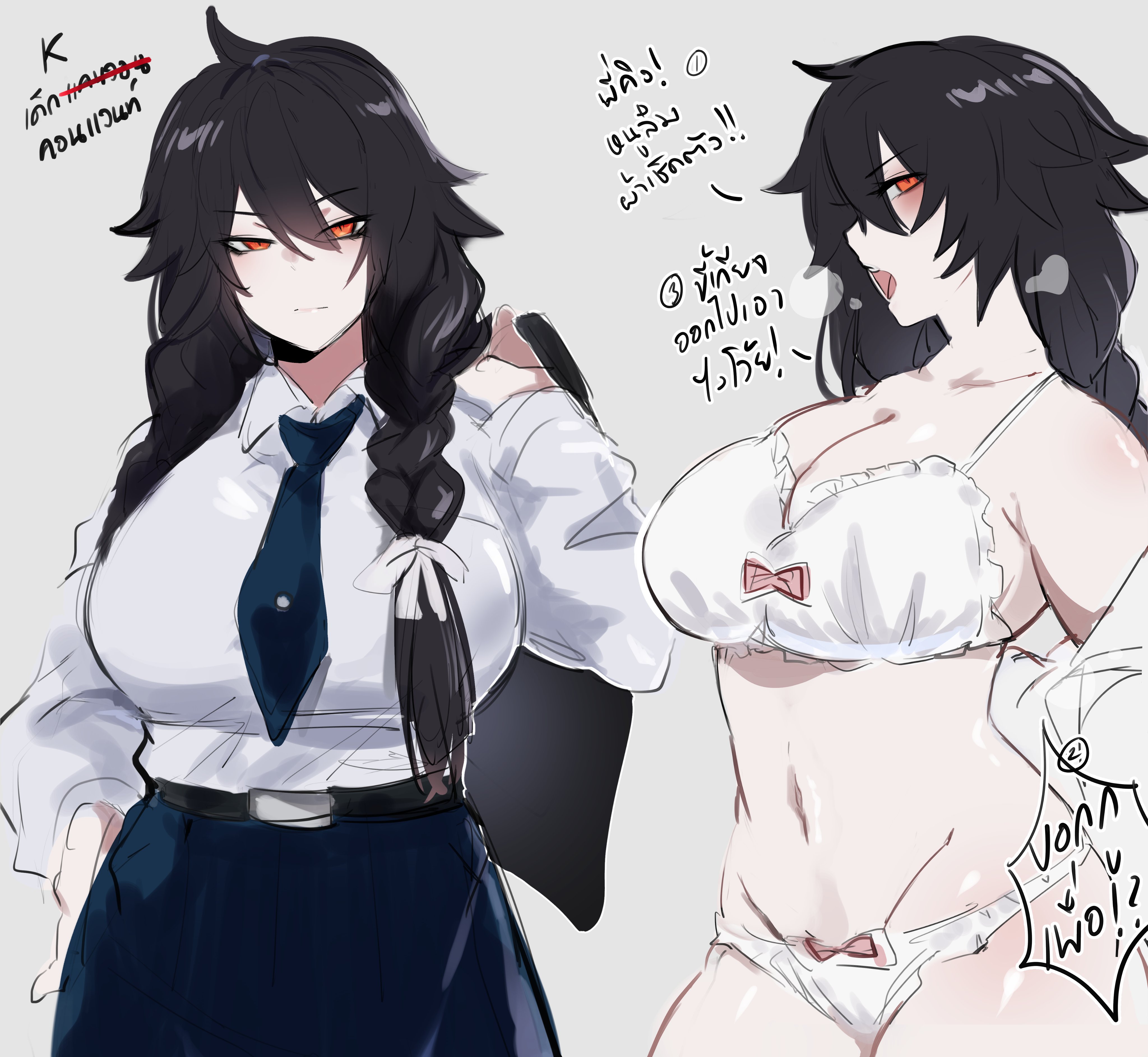 belt, black hair, blue tie, bra, cleavage, female, k (kurenaiz), kurenaiz1, navel, orange eyes, panties, red eyes, school uniform, tie, twin braids, underwear