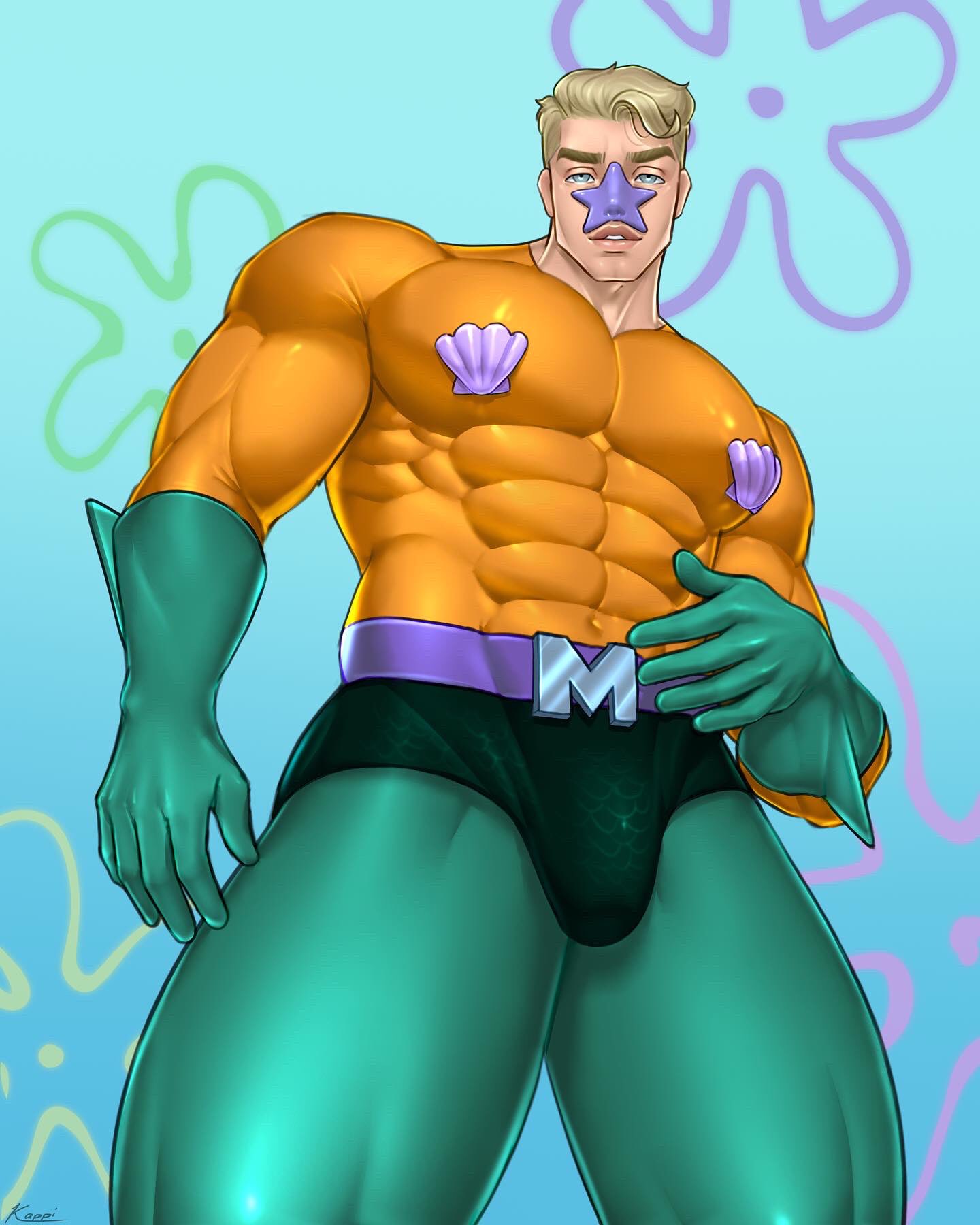 big_bulge bulge clothed huge_bulge kappibara looking_at_viewer male male_only mermaid_man mermaid_man_(young) muscles muscular muscular_male nickelodeon posing smooth_skin spongebob_squarepants underwater