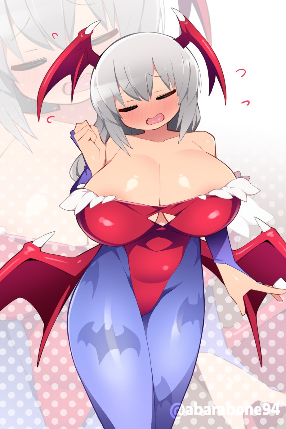 1girls abarabone94 alternate_costume areola areola_slip blush clothing cosplay crossover_cosplay darkstalkers embarrassed female large_breasts leotard lilith_aensland milf short_hair uzaki-chan_wa_asobitai! uzaki_tsuki white_hair