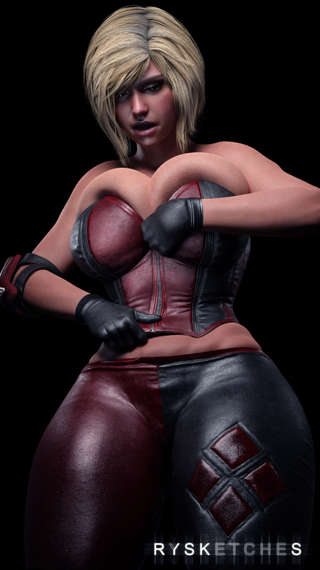 1girls, 2022, 3d, 3d (artwork), ass, barely contained, batman (series), big ass, big breasts, blonde hair, blue eyes, breasts, bursting breasts, cosplay, dc, dc comics, female, female only, gorgeous blonde, harley quinn (cosplay), inconvenient breasts, injustice 2, kara zor-el, karen starr, kryptonian, light skin, light-skinned female, overflowing breasts, power girl, power girl (injustice), rysketches, solo, stolen clothes, superman (series), thick thighs, tight clothing, wide hips