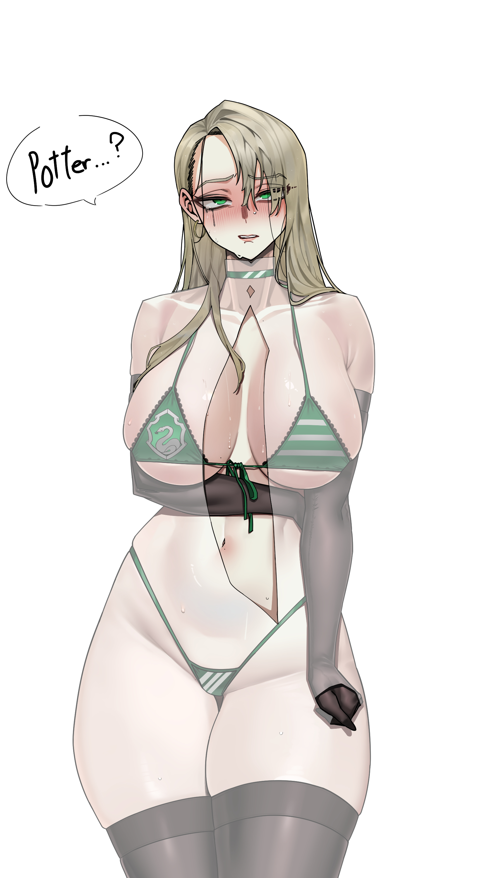 1girls, breasts, draco malfoy, draco malfoy (redteneri), female, female focus, female only, genderswap, harry potter, large breasts, light skin, light-skinned female, looking at viewer, rhlatm, rule 63, solo, thick thighs, thighhighs, thighs, wide hips