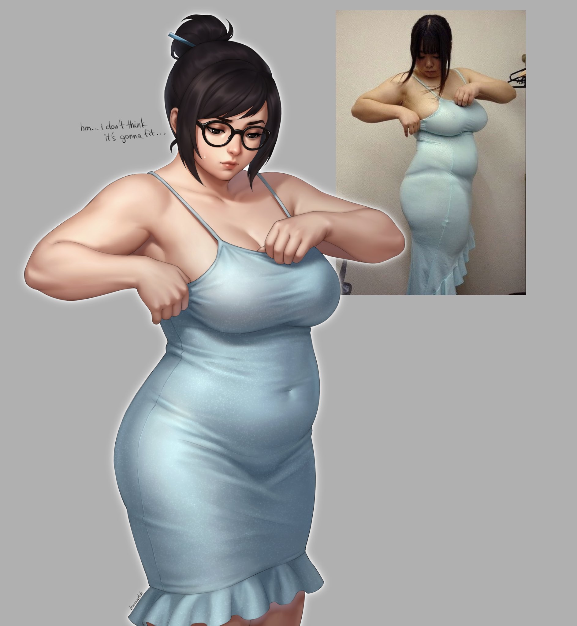 1girls, activision, adjusting clothes, artist request, belly, big breasts, blizzard entertainment, breasts, brown eyes, brown hair, cleavage, clothing, covered navel, dress, female, female only, glasses, hair bun, hair ornament, hair stick, highres, human, human only, large breasts, light skin, light-skinned female, mei (overwatch), mei ling zhou, mei-ling zhou, overwatch, photo inset, plump, reference image, short hair, single hair bun, solo, solo female, solo focus, swept bangs