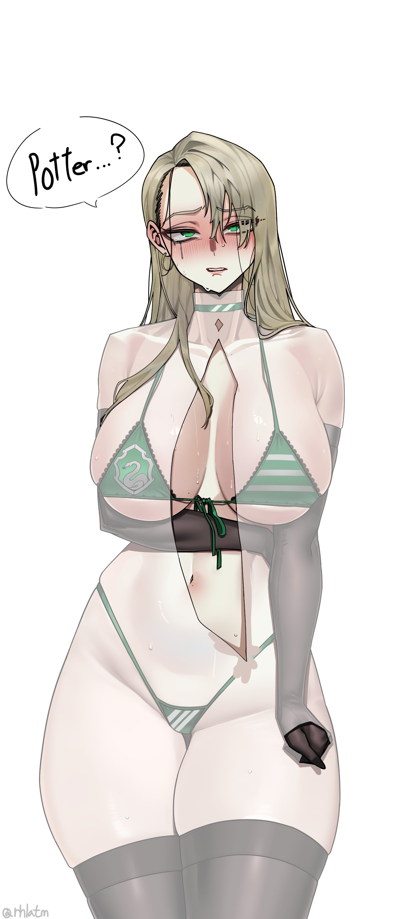 1girls, breasts, draco malfoy, draco malfoy (redteneri), female, female focus, female only, genderswap, harry potter, large breasts, light skin, light-skinned female, looking at viewer, rhlatm, rule 63, solo, thick thighs, thighhighs, thighs, wide hips