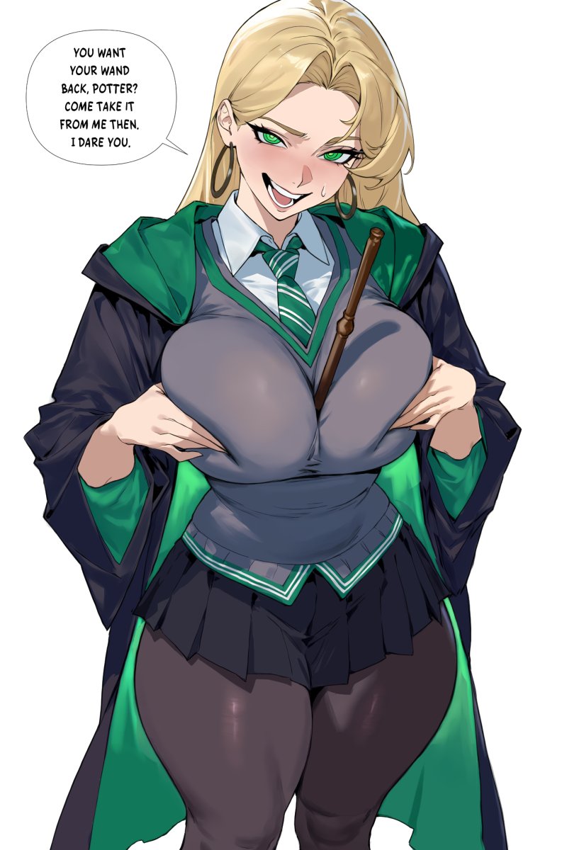 1girls, black robe, blonde hair, blush, breasts, diagonal-striped clothes, diagonal-striped necktie, draco malfoy (redteneri), earrings, english text, female, genderswap, genderswap (mtf), green eyes, green necktie, green robe, harry potter (series), highres, hogwarts school uniform, hoop earrings, jamjamstyle, jewelry, long hair, looking at viewer, necktie, robe, school uniform, shirt, simple background, slytherin, solo, striped clothes, striped necktie, two-sided fabric, two-sided robe, two-tone robe, white background, white shirt, wizarding world