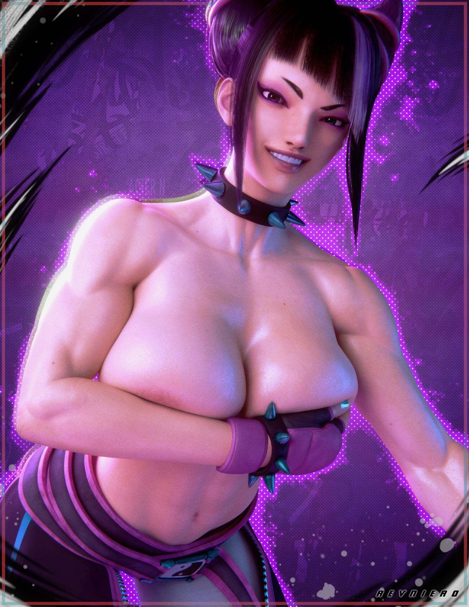 1girls, 3d, belt, biceps, black hair, blender, collar, covered nipples, covering breasts, gloves, highlights, holding breast, huge breasts, juri han, korean, looking at viewer, muscular arms, muscular female, pants, revniero3d, smile, smiling, spiked collar, spikes, street fighter, street fighter 6, teasing, video games, voluptuous, watermark