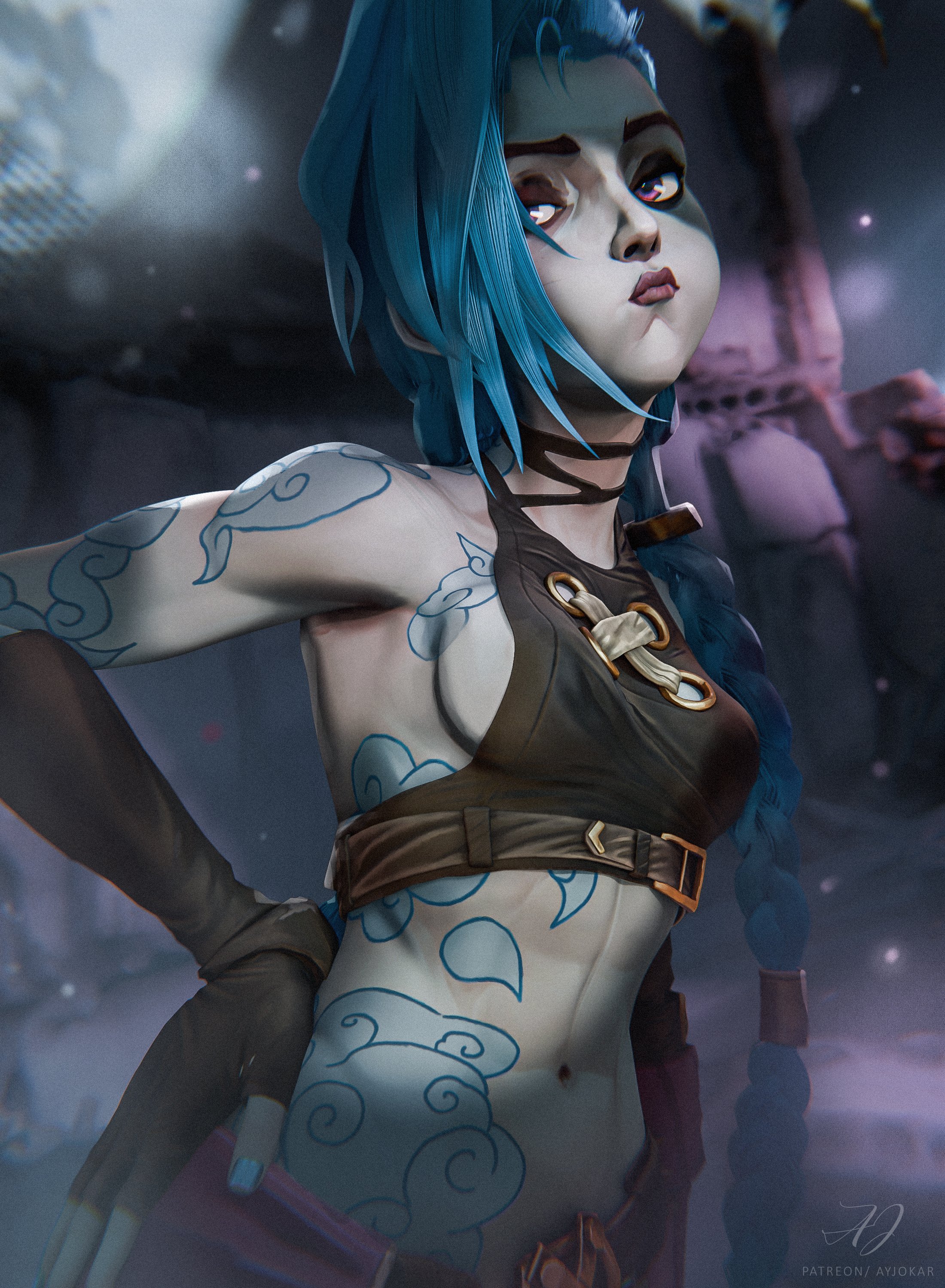 abs, blue hair, braid, breasts, hand on hip, jinx (league of legends), jokar, league of legends, long hair, navel, pink eyes, puffed cheeks, safe, sideboob, slim waist, small breasts, tagme, tattoo, topwear, voluptuous