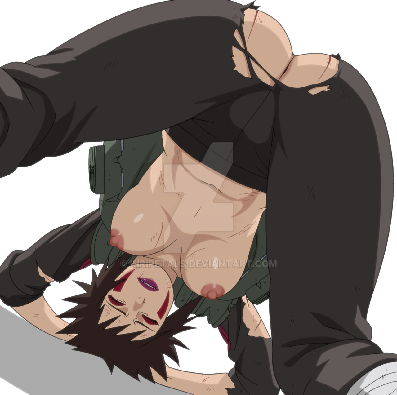 ass, breasts, brown hair, defeated, hanging breasts, inuzuka tsume, kiripetals, mature female, naruto, naruto (series), open clothes, torn clothes