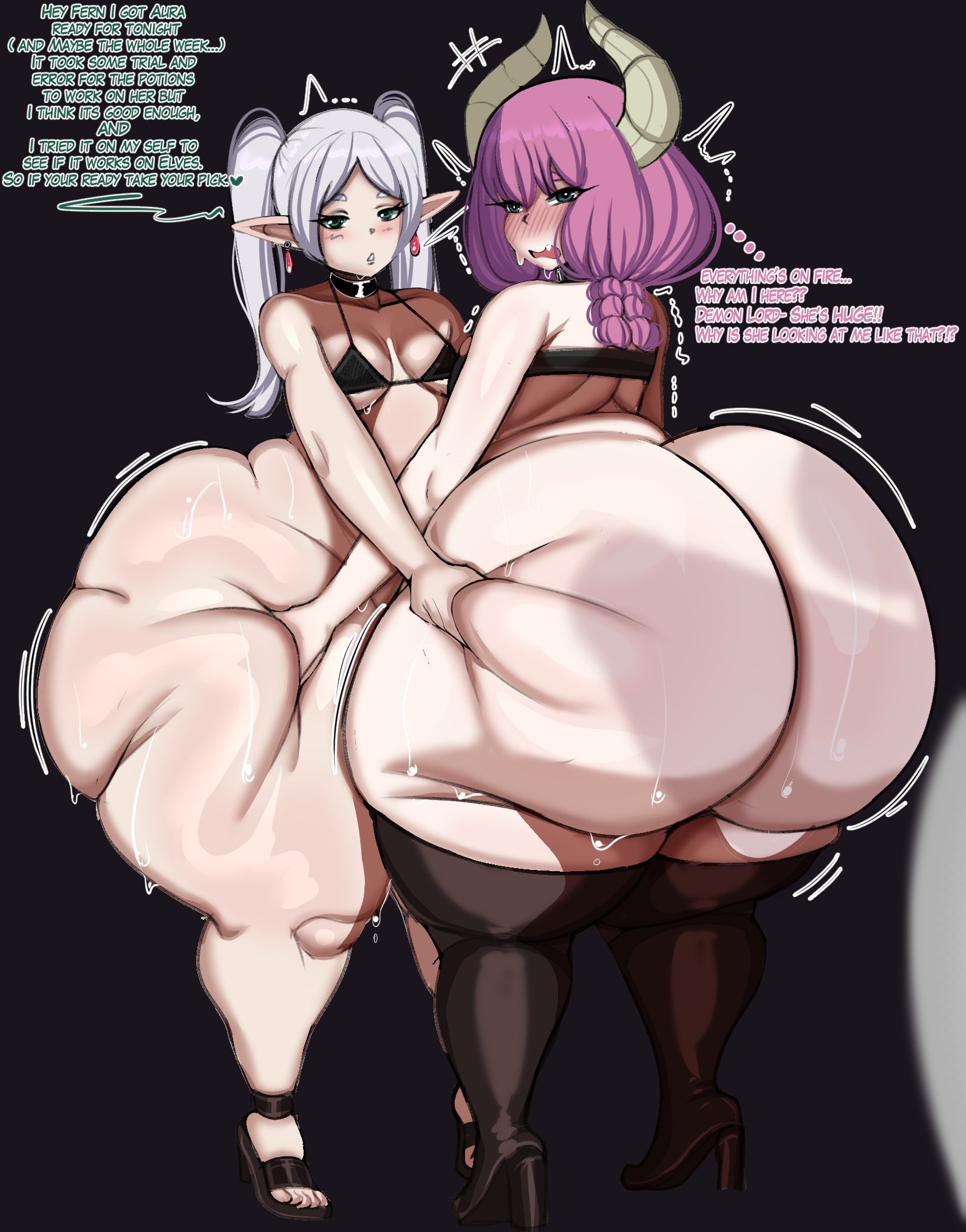 2d, 2girls, ass, ass grab, aura (sousou no frieren), female, female only, fladdykin, frieren, frieren beyond journey's end, giant ass, gigantic ass, hand on ass, hyper, hyper ass, light skin, light-skinned female, long ass, pink hair, small but cheeky, thick thighs, thighs, twintails, white hair