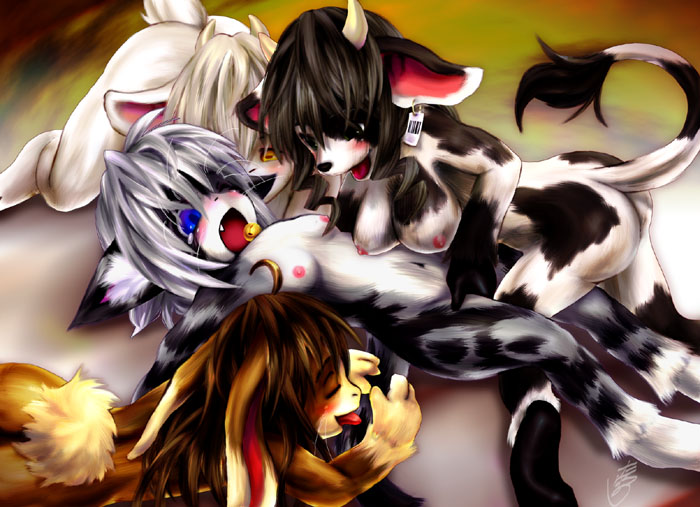 anthro blush breasts brown_fur brown_hair ear_piercing ear_tag feline female foursome fur furry goat grey hair horns karin lagomorph licking nude one_closed_eye orgy piercing rabbit rape tetetor-oort tongue whiskers white_hair yuri