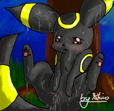 against_tree blush cum ear_markings eeveelution face_markings female forest fur furry_ears furry_tail messy night nintendo pokemon pokemon_(species) pussy red_eyes solo tail tail_markings takiro tree umbreon