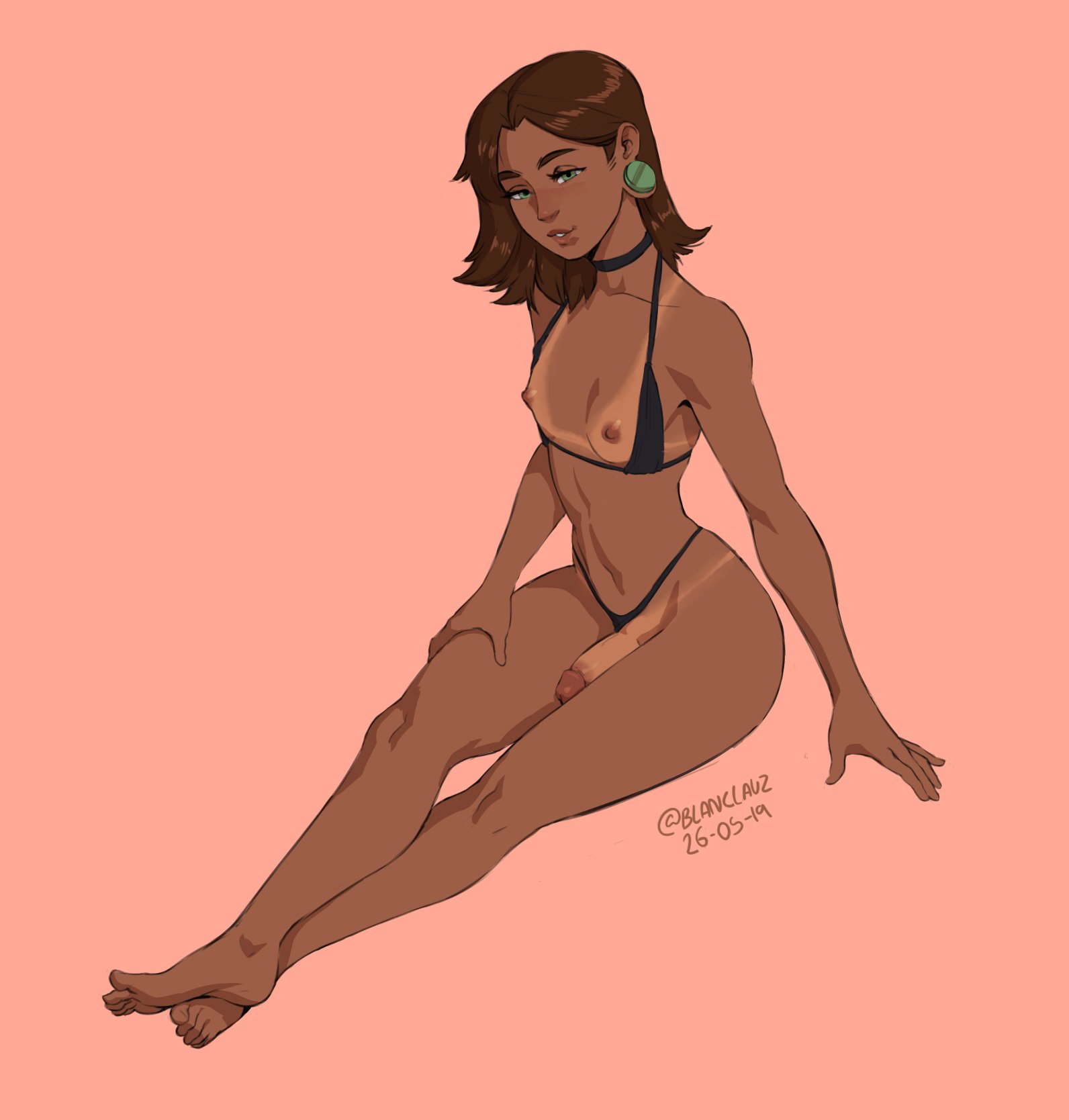 1boy, 2019, barefoot, bikini, blanclauz, breasts, choker, erect nipples, feet, gauged ear, green eyes, latino, looking at viewer, male, nina (blanclauz), nipples, penis, penis out, solo, string panties, tan, tanlines, trans woman, transfem