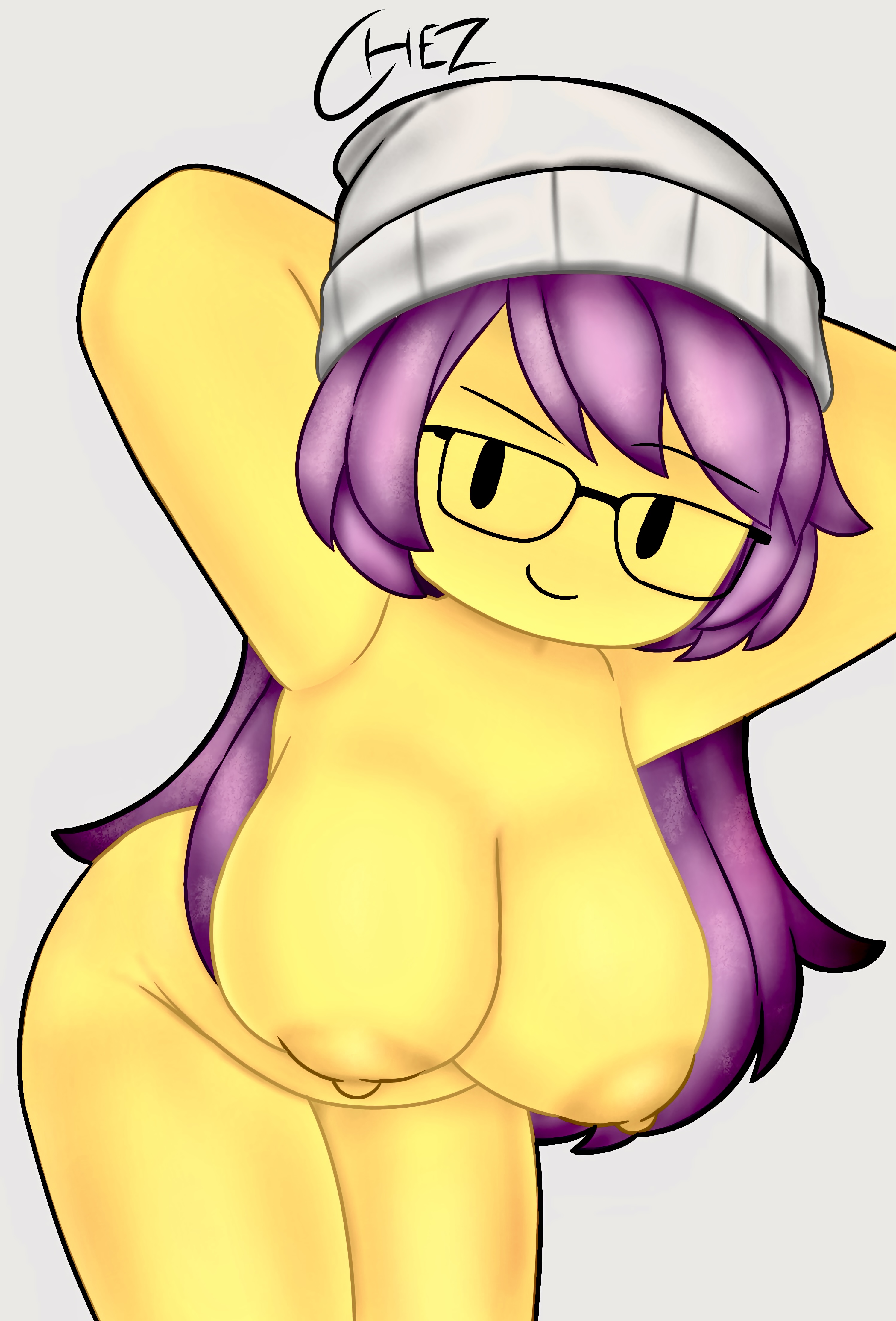 1girls, arms behind head, artist signature, big breasts, breasts, chez-arts, chezborger, galaxy hair, glasses, looking at viewer, nipples, noob (roblox), nude, nude female, roblox, roblox avatar, robloxian, self upload, thick thighs, thighs, white background, white beanie, yellow body