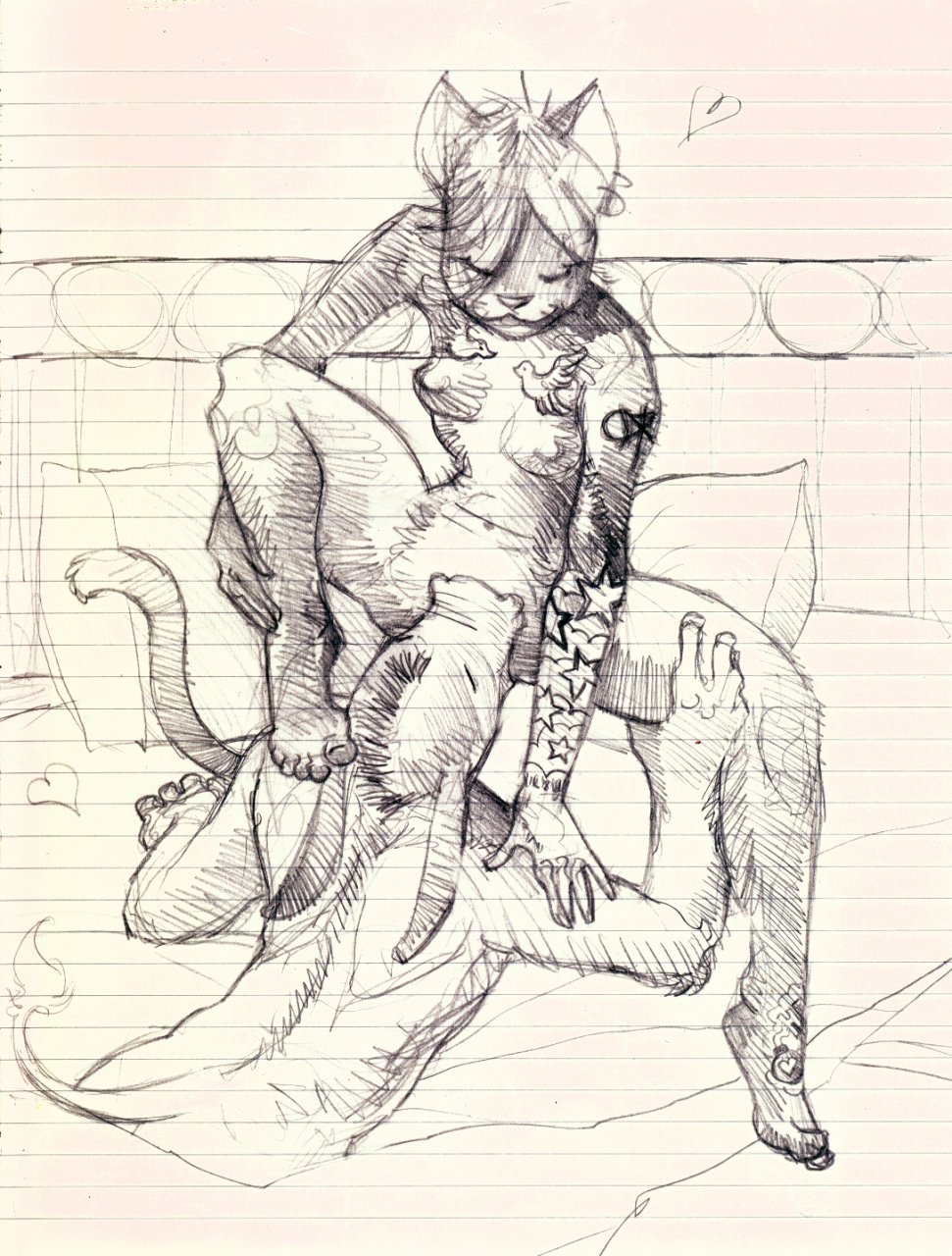 2009 bed feline chris_goodwin cunnilingus donkey equine feline female heart hooves lined_paper male oral oral_sex sex sketch tattoo â™¥