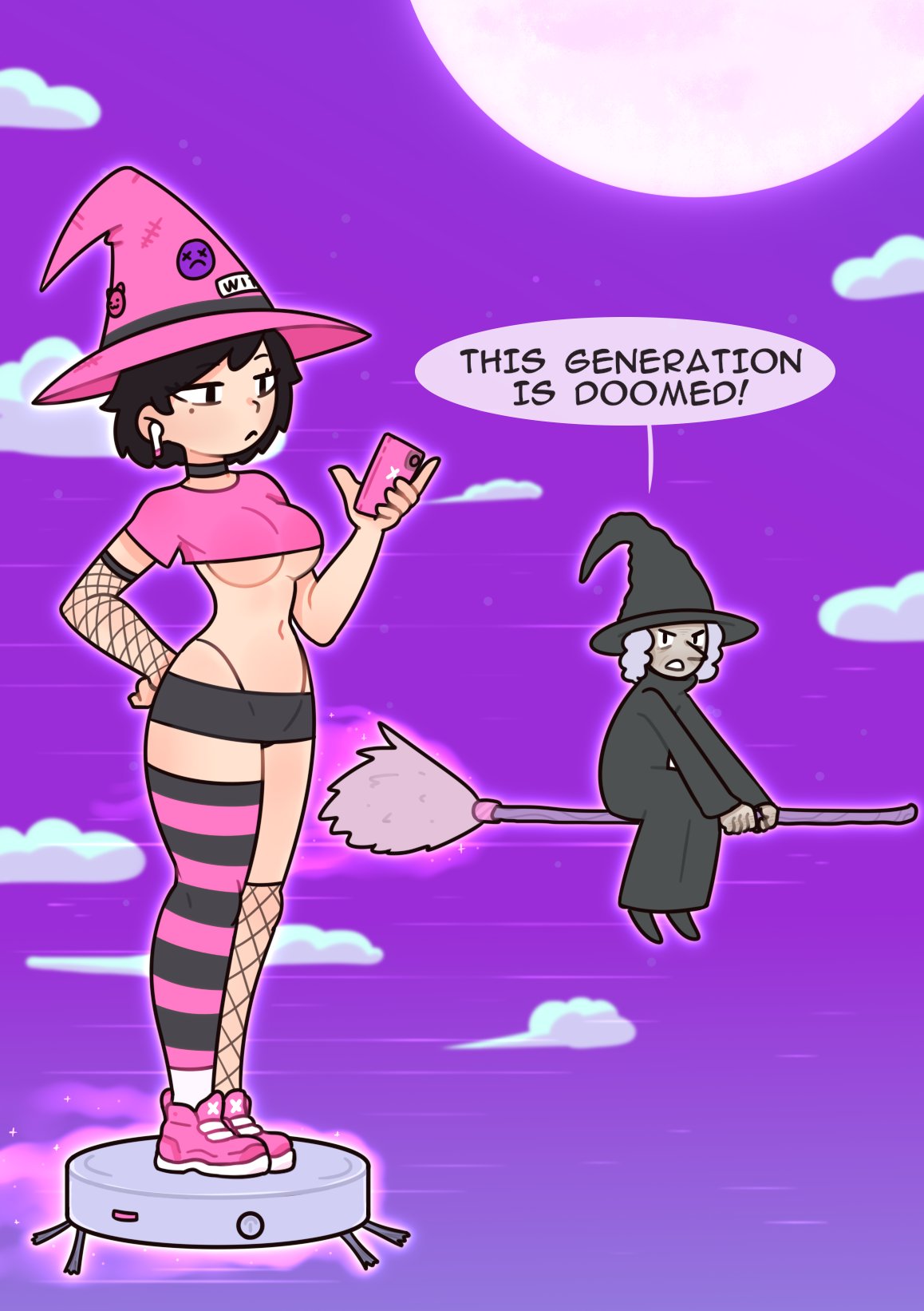 :<, 2girls, asymmetrical legwear, black choker, black panties, black skirt, breasts, broom, broom riding, cellphone, choker, crop top, cropped shirt, emoji, english text, fishnet gloves, fishnet thighhighs, fishnets, gloves, grey hair, grey hat, grey headwear, grey robe, grey skirt, hat, highleg, highleg panties, highres, holding, holding phone, humor, medium breasts, microskirt, midriff, mole, mole under eye, moon, multiple girls, navel, original, panties, phone, pink hat, pink headwear, pink shirt, pink shoes, purple sky, red7cat, robe, robotic vacuum cleaner, roomba, shirt, shoes, short hair, skirt, sky, smartphone, sneakers, standing, thighhighs, underboob, underwear, vacuum cleaner, wireless earphones, witch, witch hat