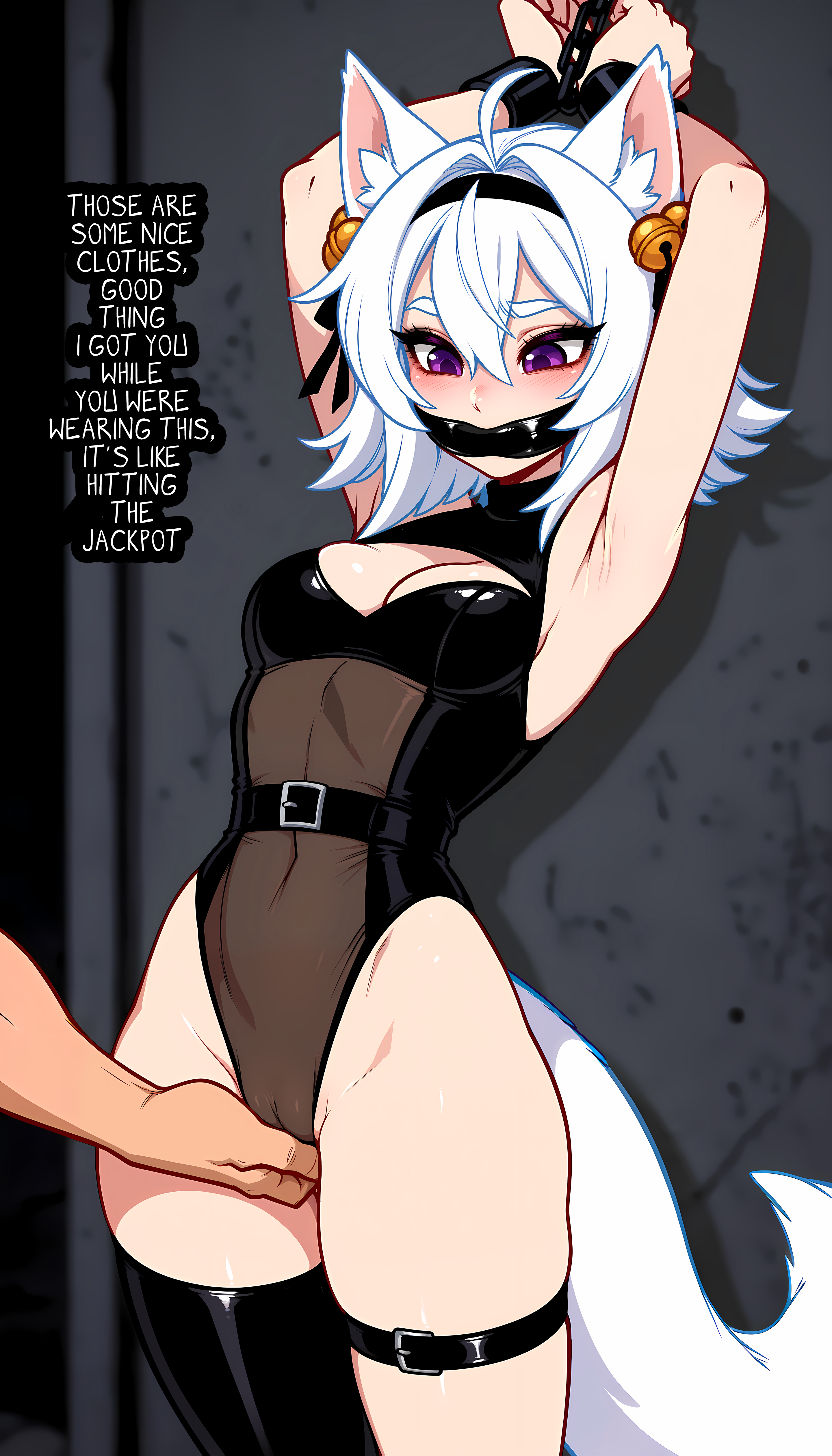 1boy, 1girl, 1girls, ai generated, animal ears, animal tail, armpits, arms up, bells, blurry background, bondage, bound, bound arms, bound wrists, captured, captured female, chains, cleavage, covered pussy, english, english text, filian (vtuber), fingering, forced, fox ears, fox girl, gag, gagged, kidnapped, leotard, purple eyes, pussy, rape, rasilinai, restrained, restrained arms, see-through, see-through clothing, small breasts, stable diffusion, standing, tagme, text, thighs, touching pussy, vtuber, white hair