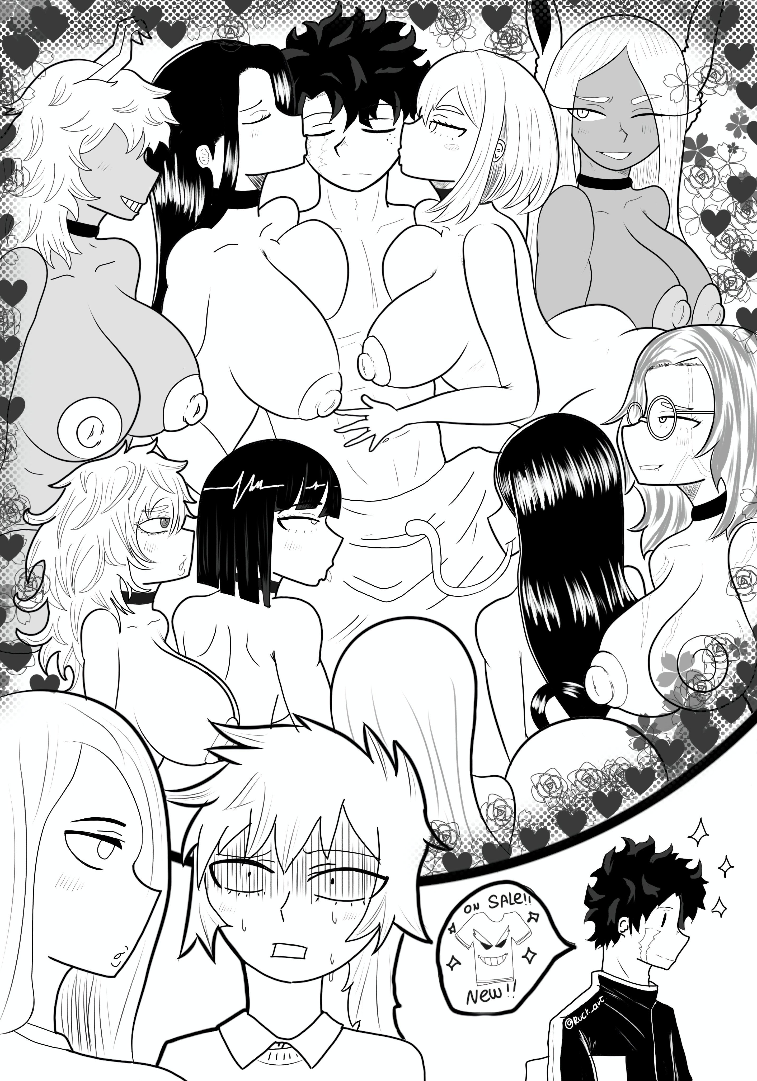 areolae, ashido mina, asui tsuyu, big areola, big ass, big breasts, big nipples, black and white, boku no hero academia, boku no hero academia (finale), breasts, curvaceous, curvaceous figure, curvy, curvy body, curvy female, curvy figure, deku, hadou nejire, hagakure tooru, hagakure tooru (visible), harem, illustration, itsuka kendou, izuku midoriya, jirou kyouka, kaina tsutsumi, kendou itsuka, kiss, kissing, kyoka jiro, lady nagant, midoriya izuku, mina ashido, miruko, momo yaoyorozu, my hero academia, my hero academia (finale), nejire hado, nipples, nude, nude female, ochako uraraka, reiko yanagi, rumi usagiyama, shonen jump, tongue, tooru hagakure, tsuyu asui, uraraka ochako, worship, yanagi reiko, yaoyorozu momo