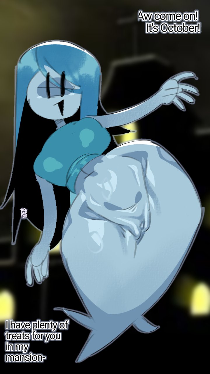 1girl, 1girls, blue hair, bottomless, english, english text, ghost, ghost girl, inviting, pussy, spooky (shojs), spooky's house of jump scares, thick ass, thick thighs, toonguy100