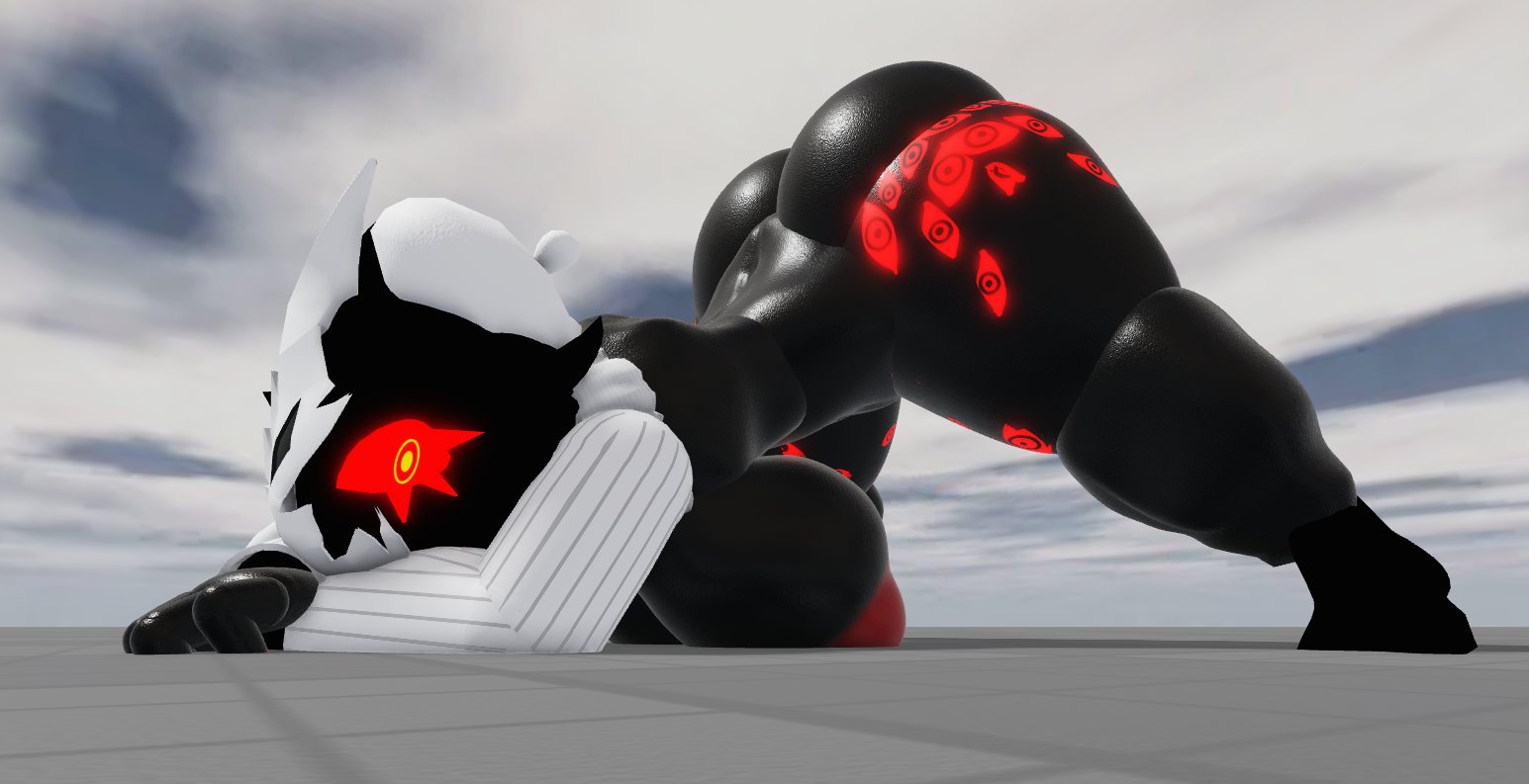 1girls, 3d, almost naked, ass, ass up, baseplate, beret, big breasts, black body, black hair, bottom heavy, bottomless, breasts, breasts out, eyes on body, face down ass up, female, female focus, female only, folly (regretevator), jack-o pose, looking at viewer, mask, masked female, red eyes, regretevator, roblox, roblox studio, robloxian, showing off, solo, sweater, thick thighs, tourniquotes