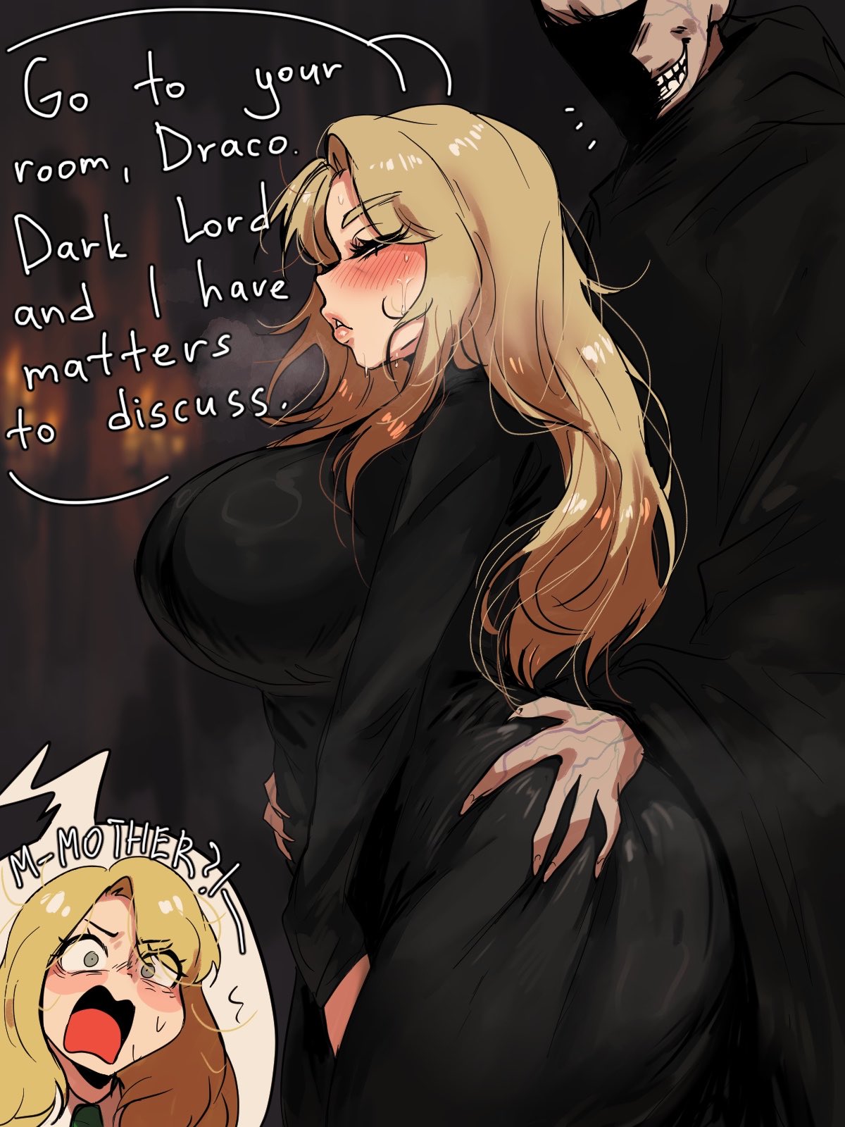 1boy, 2girls, breasts, draco malfoy, draco malfoy (redteneri), female, female focus, female only, genderswap, harry potter, large breasts, light skin, light-skinned female, looking at viewer, lucius malfoy, mature female, milf, oyxee, rule 63, thick thighs, thighs, wide hips