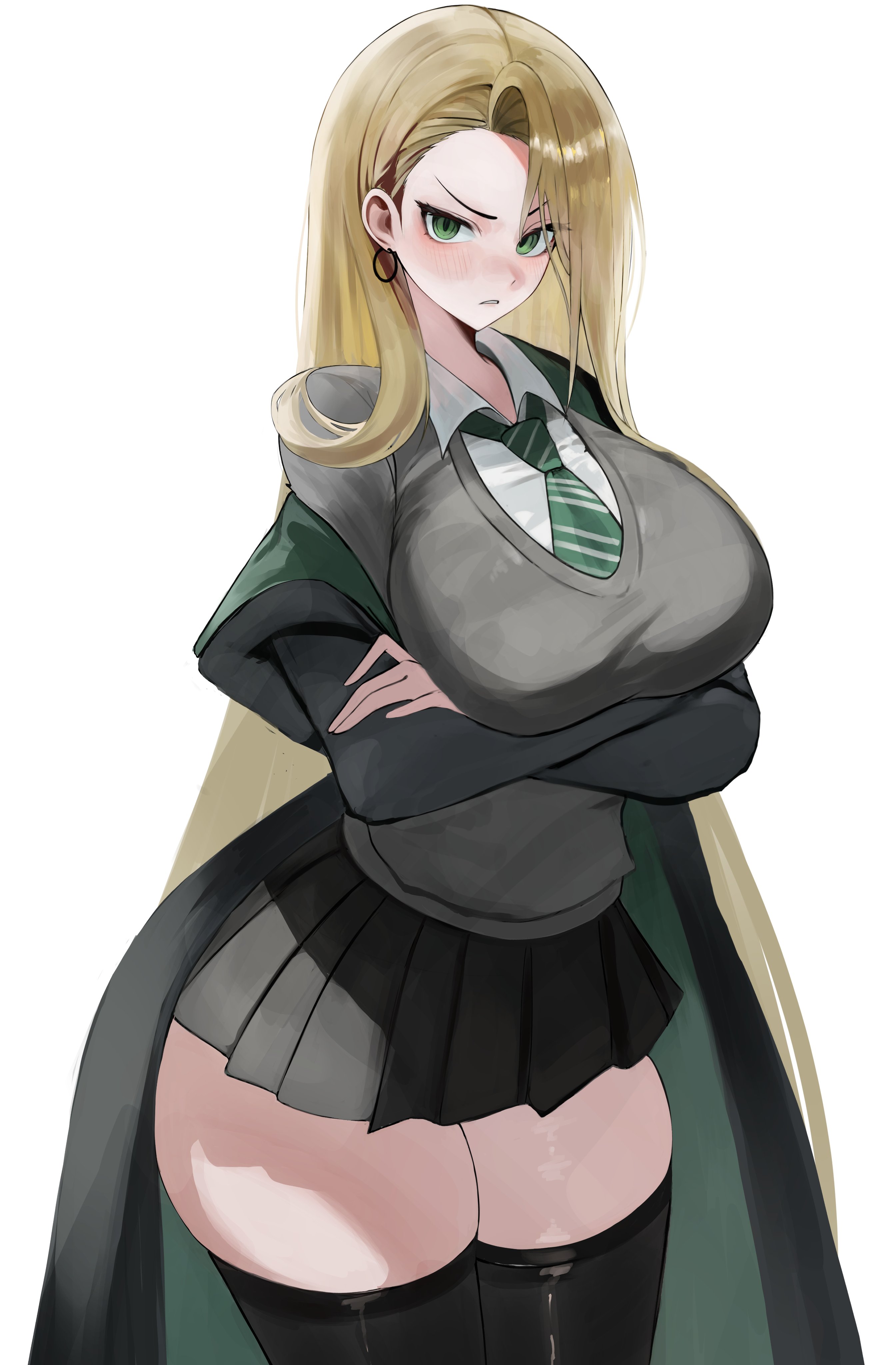 1girls, artist request, breasts, draco malfoy, draco malfoy (redteneri), female, female focus, female only, genderswap, harry potter, large breasts, light skin, light-skinned female, looking at viewer, rule 63, school uniform, solo, thick thighs, thighhighs, thighs, wide hips