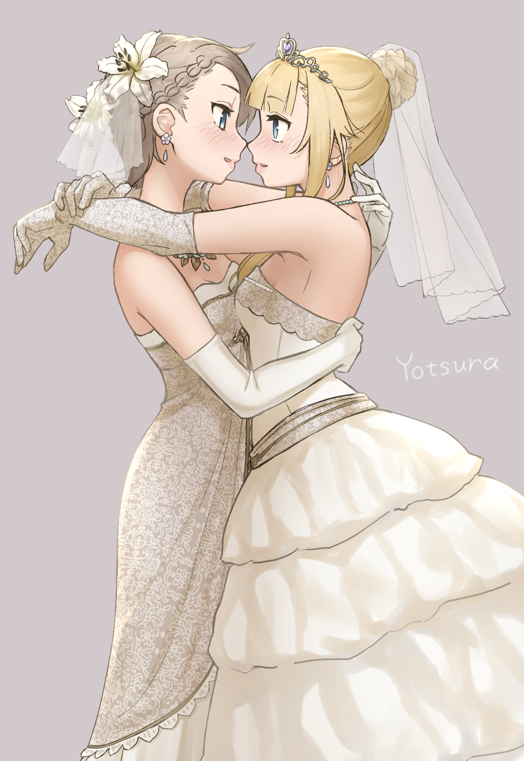 2girls ange_(princess_principal) blonde_hair blue_eyes braided_bun breasts bridal_veil dress earrings face_to_face flower flower_in_hair gloves grey_hair hair_bun hugging imminent_kiss necklace princess_(princess_principal) princess_principal short_hair side_braid small_breasts strapless_dress tiara wedding_dress wholesome wife_and_wife yotsura yuri