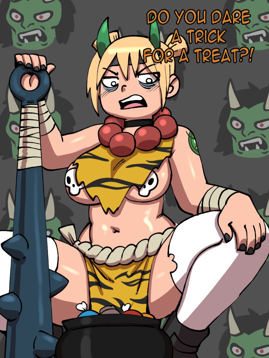 1girls bandage bandaged_arm bead_necklace beads big_breasts black_nails blonde_hair candy cauldron costume darkeros13 female female_only food green_horns hair_bun halloween holding_object horns kanabou legwear loincloth nail_polish necklace oni oni_horns pale_skin pale_skinned_female pasties roxanne_richter scott_pilgrim short_hair skull solo solo_female squatting stockings tattoo thighhighs tiger_print weapon white_eyes white_legwear