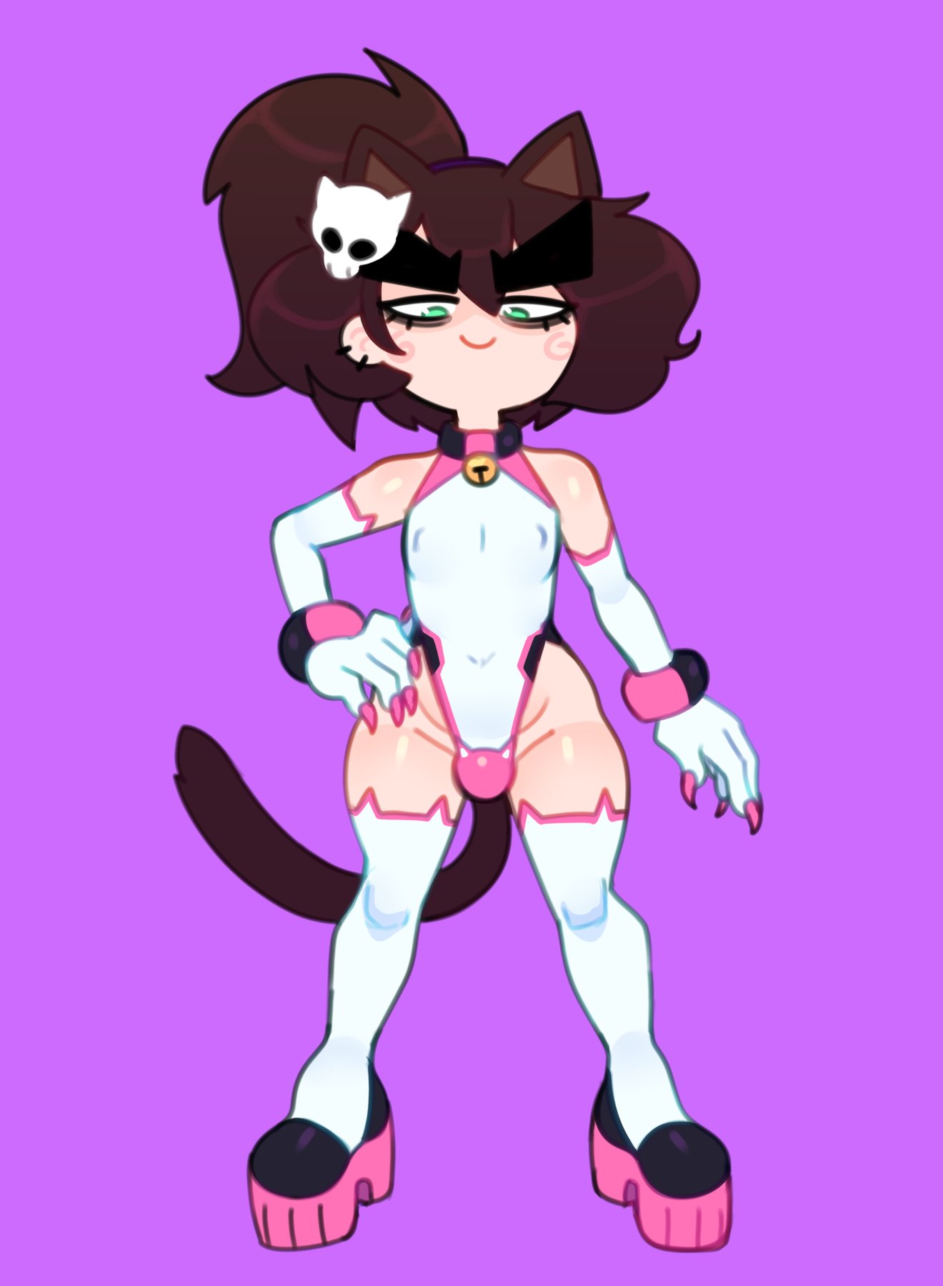 1boy, bell collar, bracelet, bracelets, brown hair, bulge, cat boy, cat ears, cat tail, catboy, claws, clothing, ear piercing, eyebrows, femboy, girly, gloves, green eyes, hair, hair ornament, hand on hip, light skin, light-skinned femboy, light-skinned male, looking down, male, male only, malescrub (somescrub), original, original character, pink nails, ponytail, purple background, shoes, skull hair ornament, smile, smug, socks, solo, somescrub, stockings, thighhighs