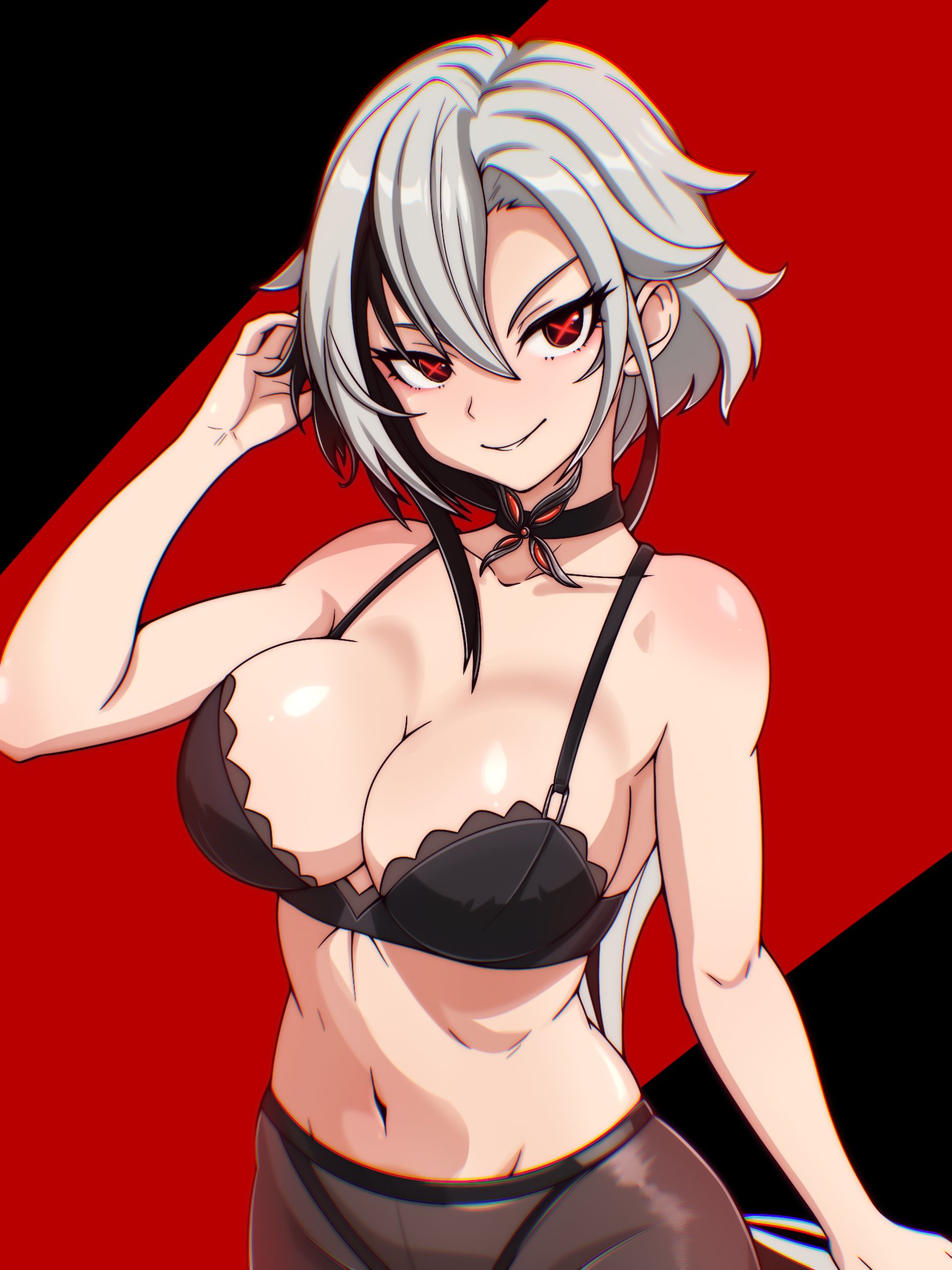 1girls, 2d, 2d (artwork), arlecchino (genshin impact), belly button, big breasts, black bra, black eyes, black hair, blush, bra, breasts, cleavage, dullahan (alekey art), female, female focus, female only, front view, genshin impact, hi res, high resolution, hourglass figure, hoyoverse, light skin, light-skinned female, long hair, looking at viewer, mature, mature female, mihoyo, navel, pantyhose, red eyes, smiling, smiling at viewer, solo, solo female, solo focus, standing, two-tone hair, underwear, white hair