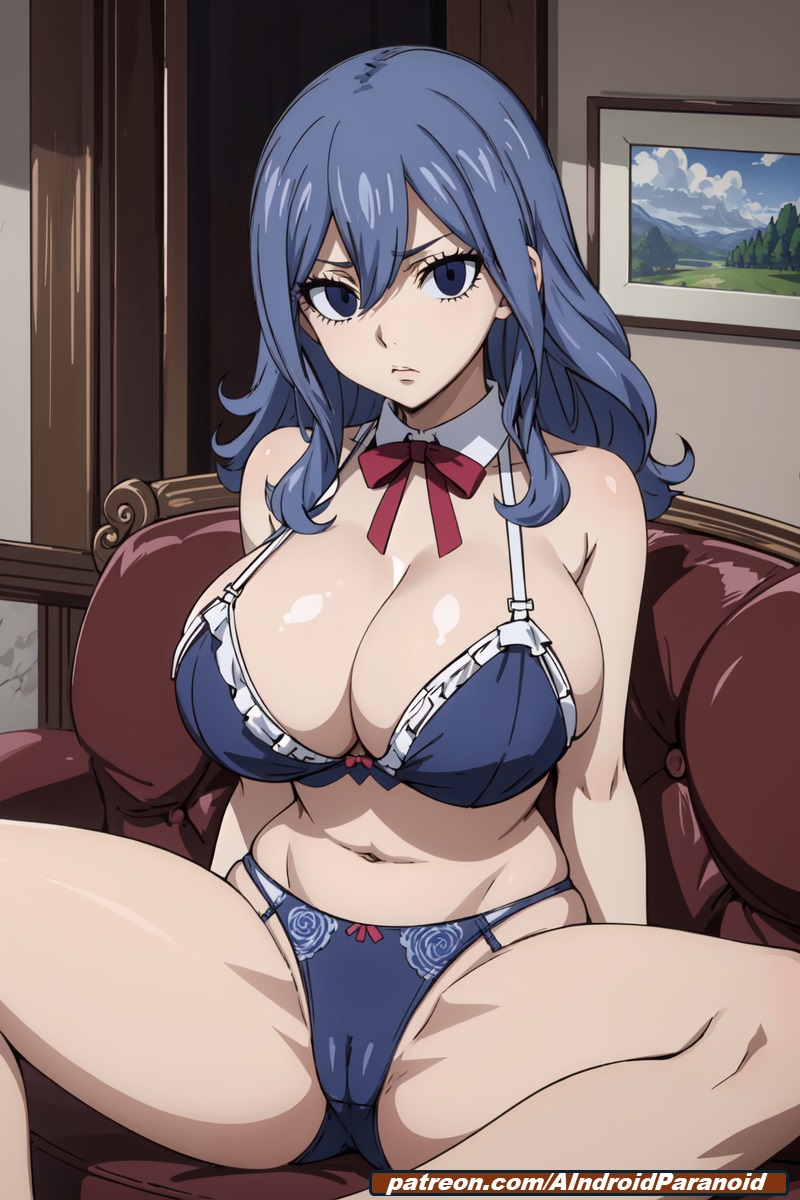 1girls, ai generated, aindroidparanoid, ass, bed, big ass, big breasts, big butt, blue eyes, blue hair, bra, breasts, cameltoe, curvy, fairy tail, female, female only, hourglass figure, huge ass, huge breasts, huge butt, indoors, juvia lockser, lingerie, narrow waist, panties, pussy, stable diffusion, wide hips