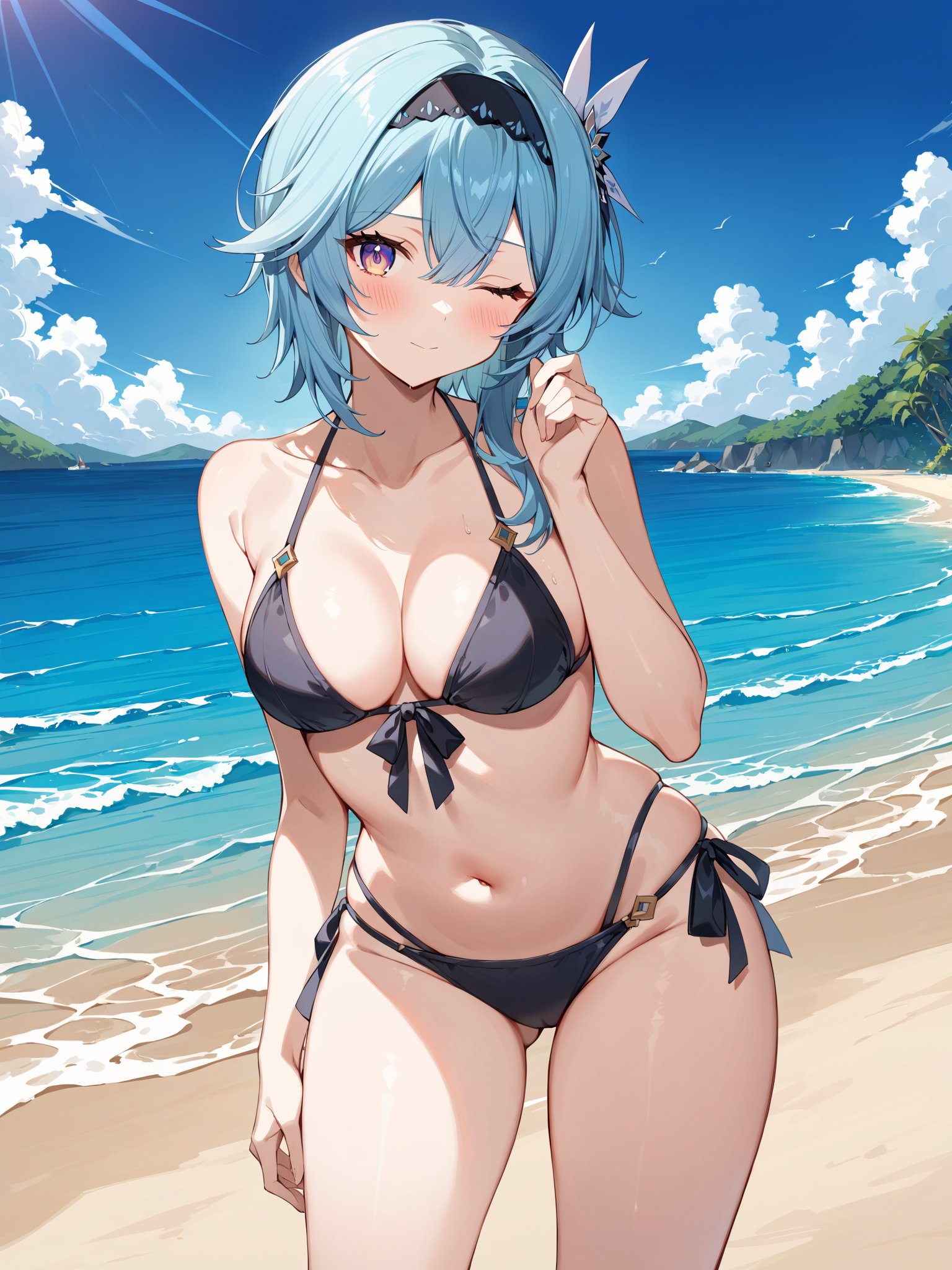 1girls, ai generated, alternate costume, beach, belly button, bikini, bikini bottom, bikini top, black bikini, black bikini bottom, black bikini top, blue hair, blush, clouds, day, eula (genshin impact), female, female focus, female only, front view, genshin impact, high resolution, highres, hourglass figure, hoyoverse, light skin, light-skinned female, looking at viewer, mature, mature female, medium hair, mihoyo, multi-strapped bikini, navel, ocean, one eye closed, outdoors, ribbons, sand, sky, smile, smiling, smiling at viewer, solo, solo female, solo focus, standing, swimsuit, thong, thong bikini, two piece swimsuit, water, yellow eyes