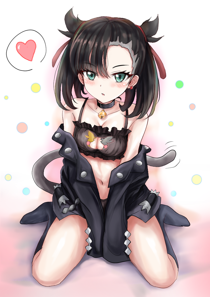 1girls bell_choker black_bra black_hair black_jacket black_lingerie black_panties bra breasts cat_bell cat_keyhole_bra cat_keyhole_lingerie cat_lingerie cat_tail choker earrings green_eyes hair_ribbon jacket kneeling lingerie long_socks looking_at_viewer marnie_(pokemon) medium_breasts navel nintendo panties pokemon pokemon_ss r-binon socks twintails wariza