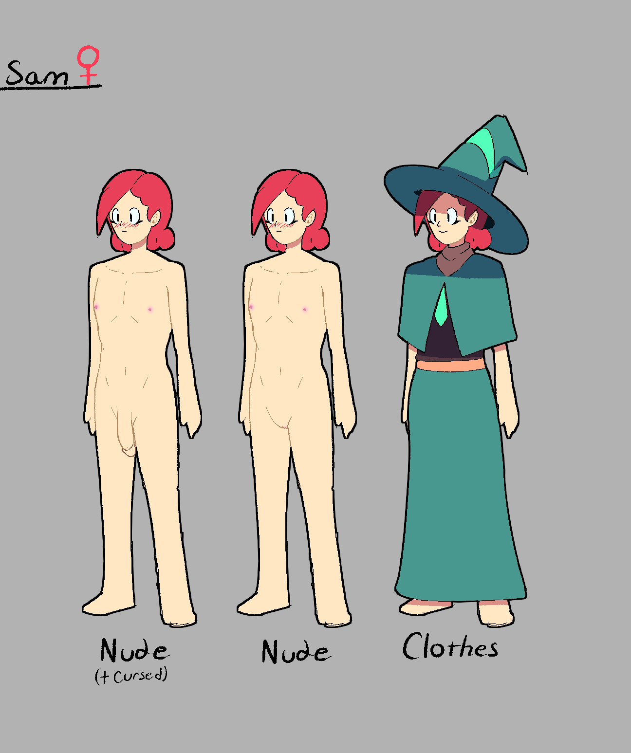 1girls blush_lines character_name character_sheet clothed clothing curse female flaccid flat_chest fully_clothed human light-skinned_female light_skin nipples nude nude_female original original_character penis pussy red_hair rippledvoice sam_(rippledvoice) short_hair smile solo standing true_flat_chest witch_hat