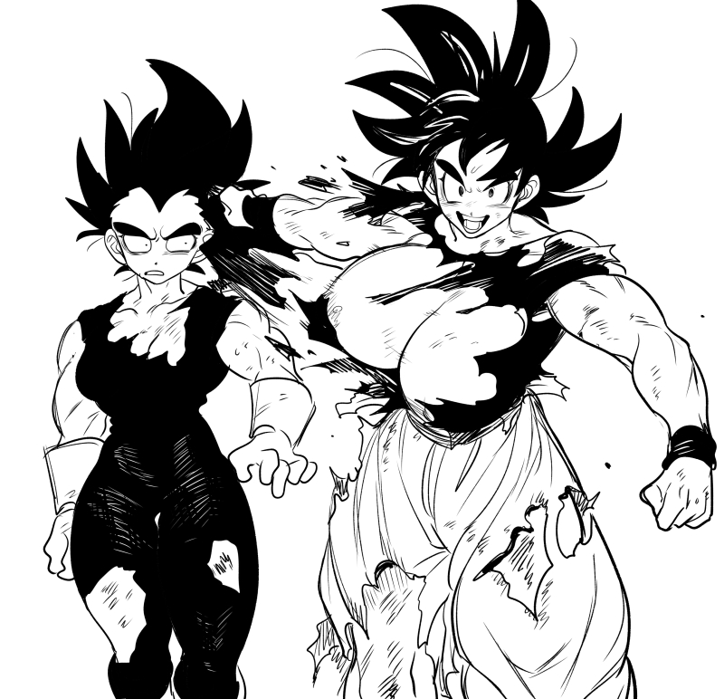 2girls alien barely_covered_breasts battle_damage big_breasts black_and_white busty corelessmoter dragon_ball dragon_ball_z female_goku female_vegeta gloves huge_breasts martial_arts_uniform rule_63 saiyan son_goku spiky_hair tight_clothes torn_clothes vegeta wristband