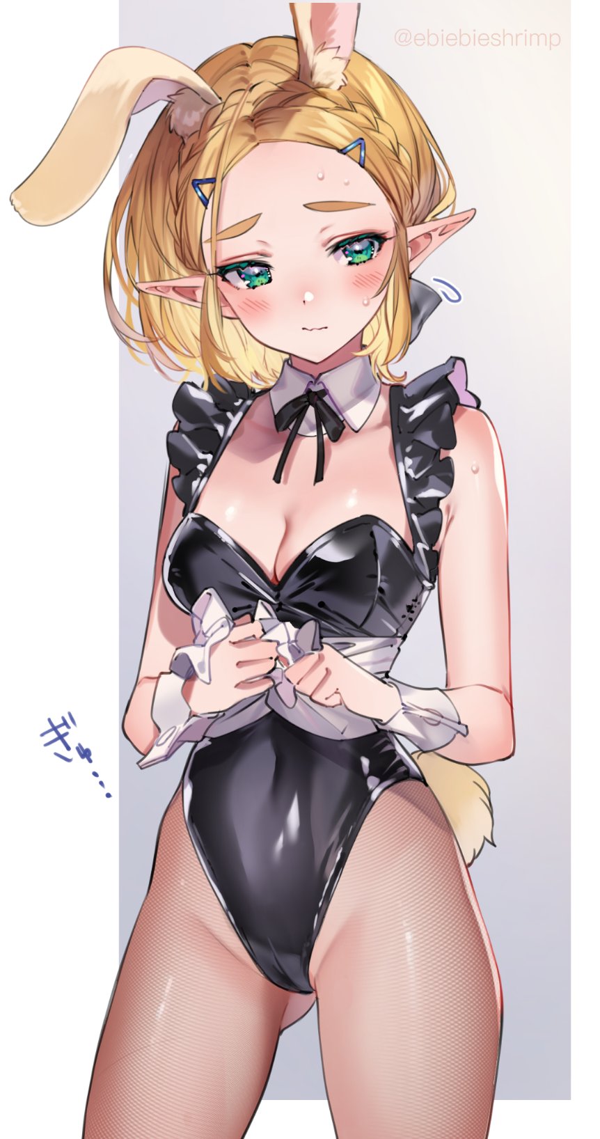 1girls blonde_hair blush bodysuit breasts breath_of_the_wild bunny_ears bunny_tail bunnysuit cameltoe cleavage embarrassed female fishnets green_eyes hair_ornament latex leotard looking_away looking_down nintendo pointy_ears princess_zelda shiny_clothes short_hair shuri_(84k) skin_tight solo sweat tears_of_the_kingdom the_legend_of_zelda tight_clothing zelda_(tears_of_the_kingdom)